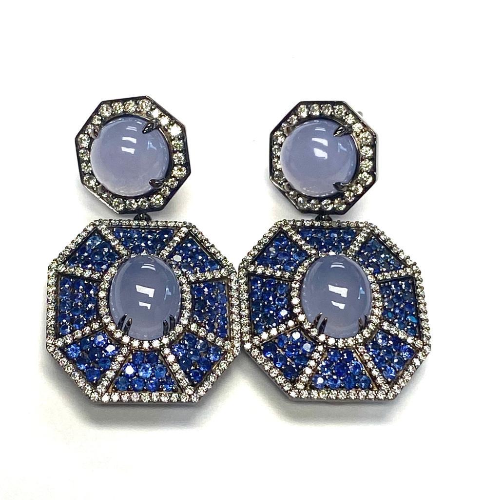 Contemporary Goshwara Blue Chalcedony And Sapphire With Diamond Ring & Earrings For Sale