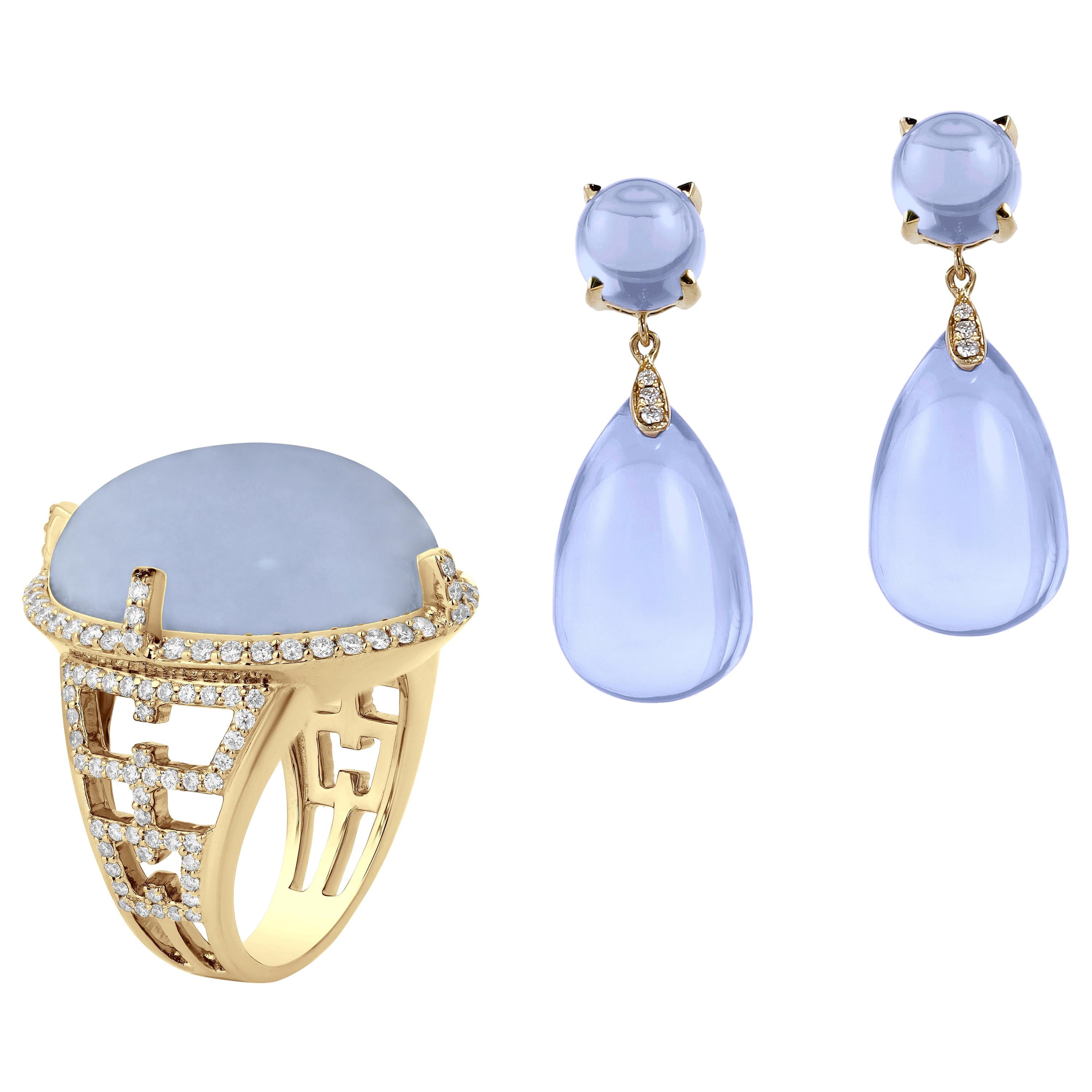 Blauer Chalcedon inshwara-Optik  Diamantring & Ohrringe mit Diamanten