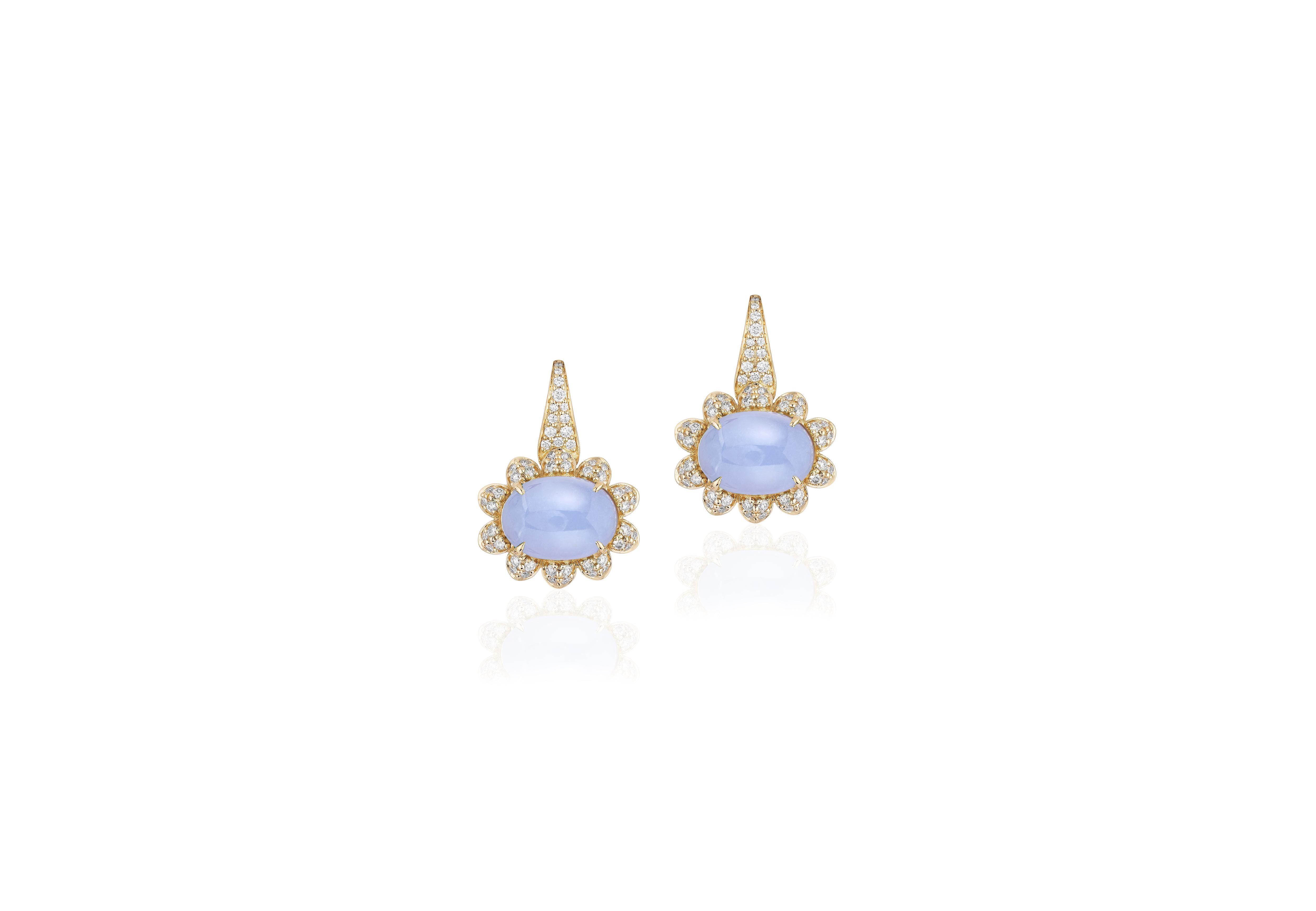 Blue Chalcedony Oval Cabochon Ring with Diamonds in 18k Yellow Gold, from Rock N Roll' Collection

Stone Size: 20 x 17 mm

Diamond Weight: 0.32 Carats

Blue Chalcedony Oval Cabochon Stud Earrings with Diamonds in 18k Yellow Gold, from 'Limited