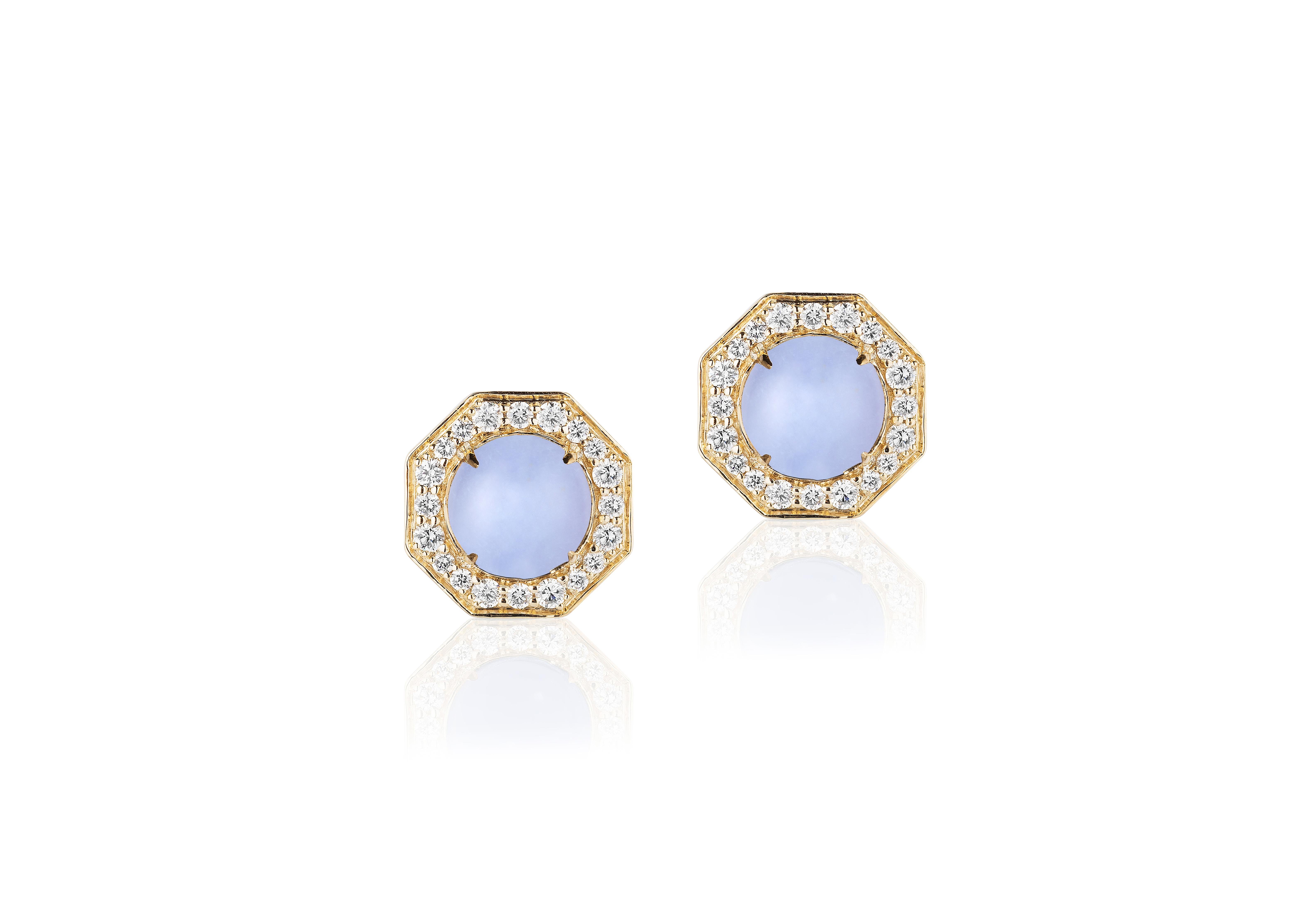 Blue Chalcedony Small Pendant with Diamonds in 18k Yellow Gold, from 'Rock N Roll' Collection

Stone Size: 8 mm

Gemstone Weight:  Chalcedony- 1.25 Carats

Diamond: G-H / VS. Approx Wt: 0.36 Carats

Blue Chalcedony Stud Earrings with Diamonds in 18k