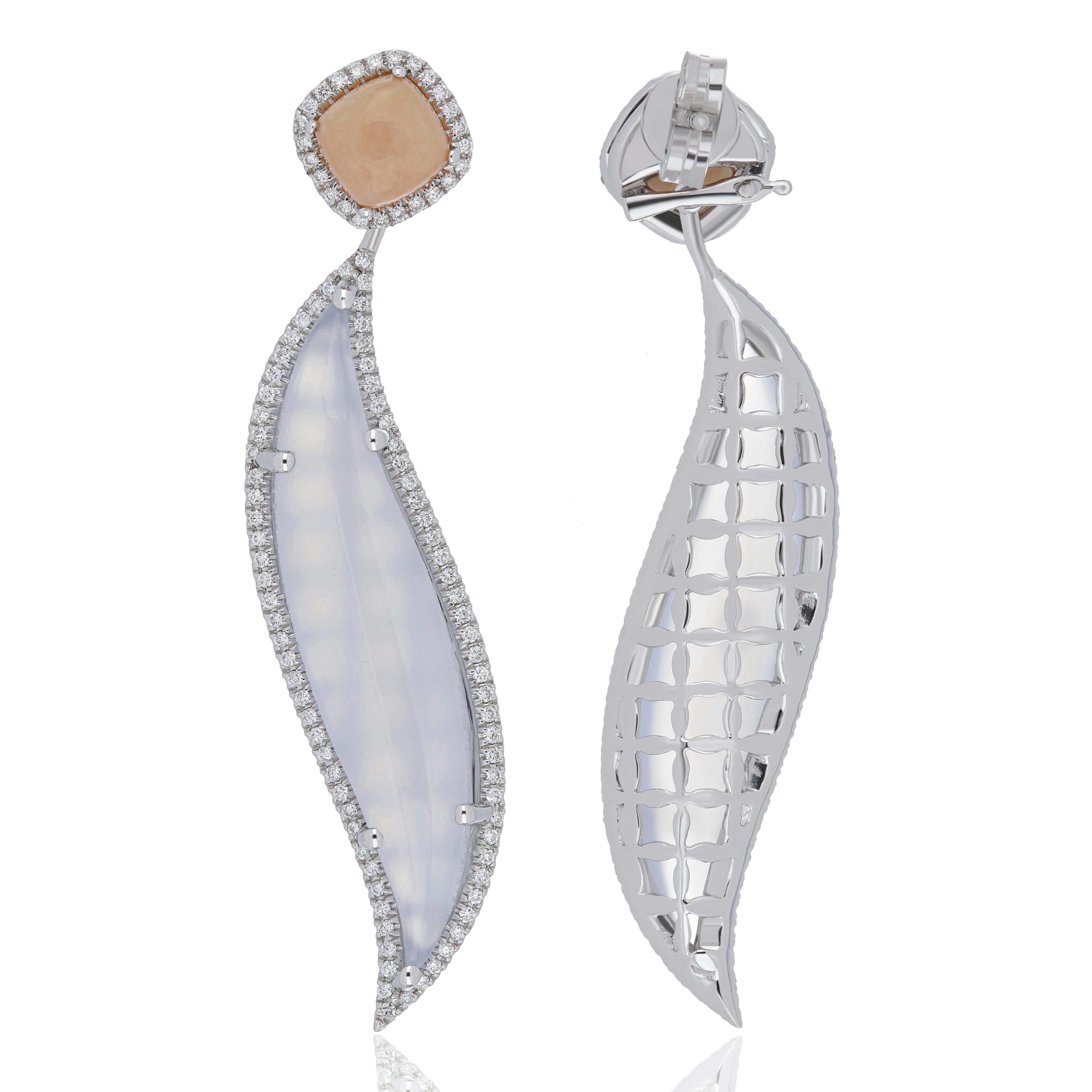 Cushion Cut Blue Chalcedony, Pink Opal and Diamond Studded Earring 10 Karat White Gold For Sale