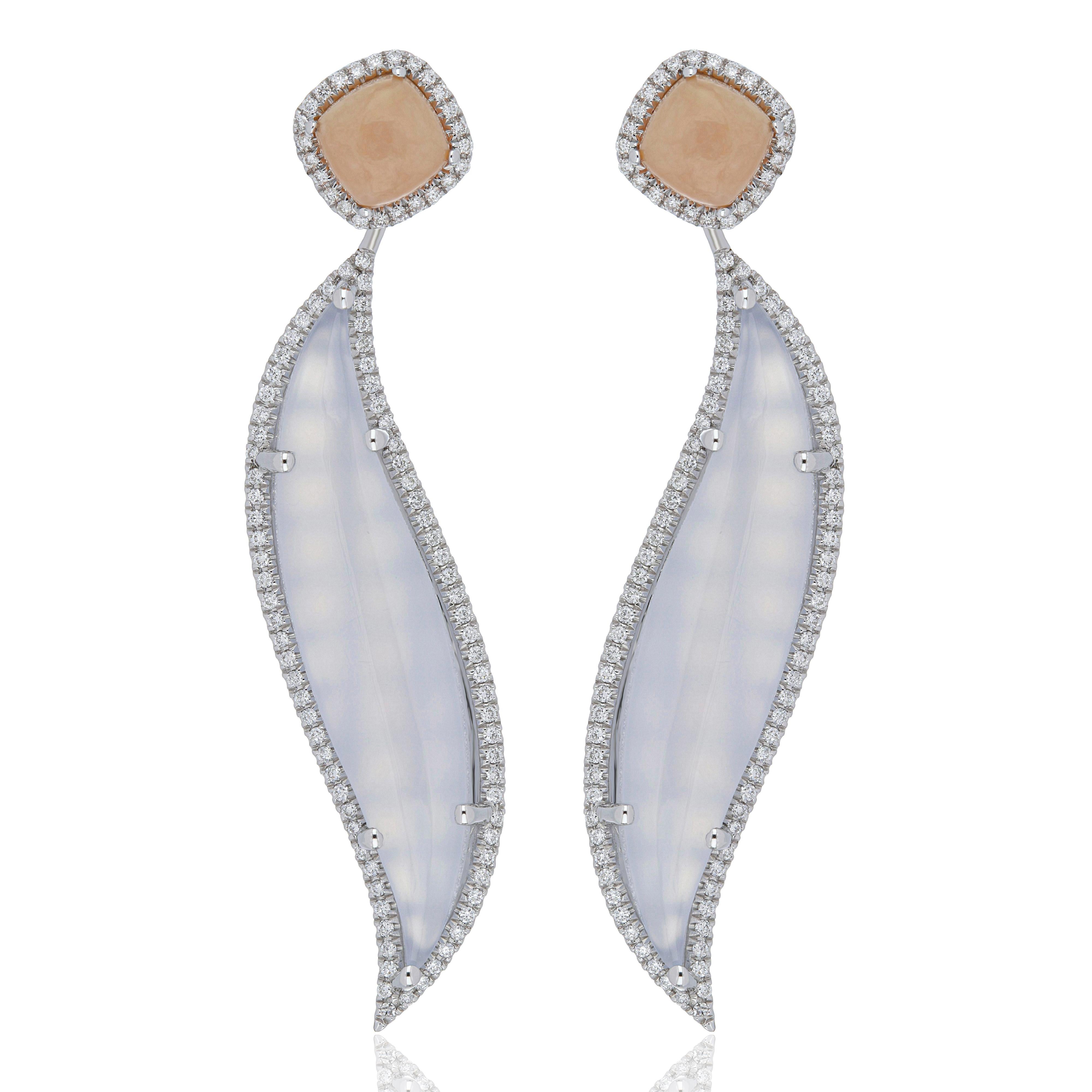 Blue Chalcedony, Pink Opal and Diamond Studded Earring 10 Karat White Gold In New Condition For Sale In JAIPUR, IN