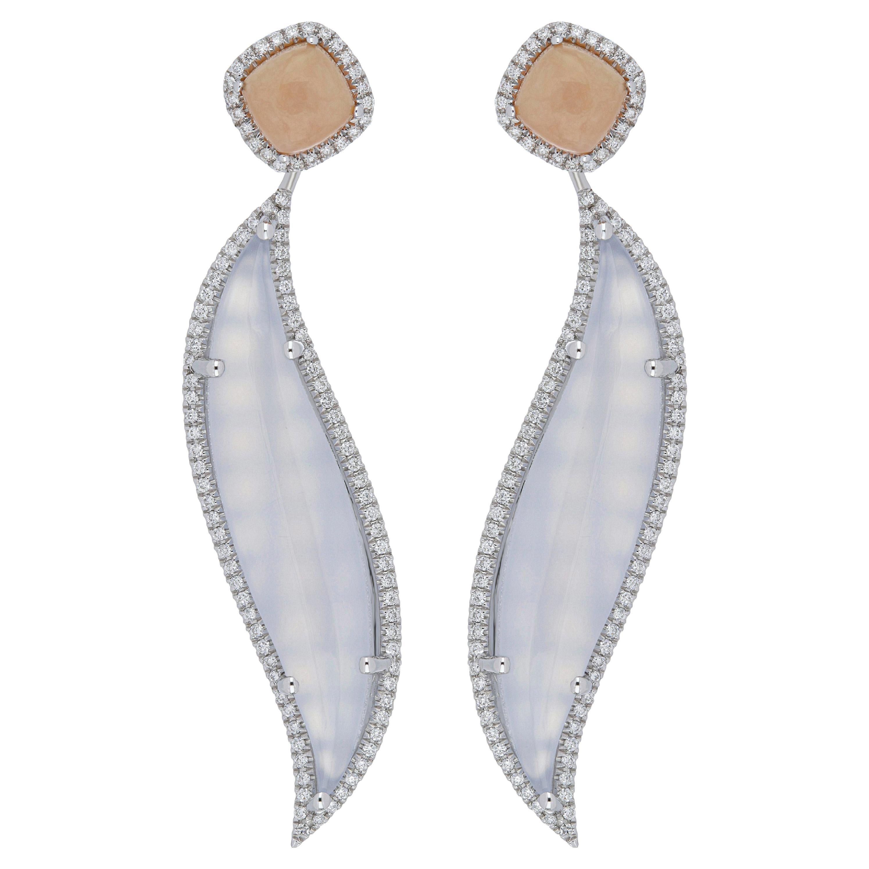 Blue Chalcedony, Pink Opal and Diamond Studded Earring 10 Karat White Gold For Sale