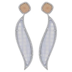 Blue Chalcedony, Pink Opal and Diamond Studded Earring 10 Karat White Gold