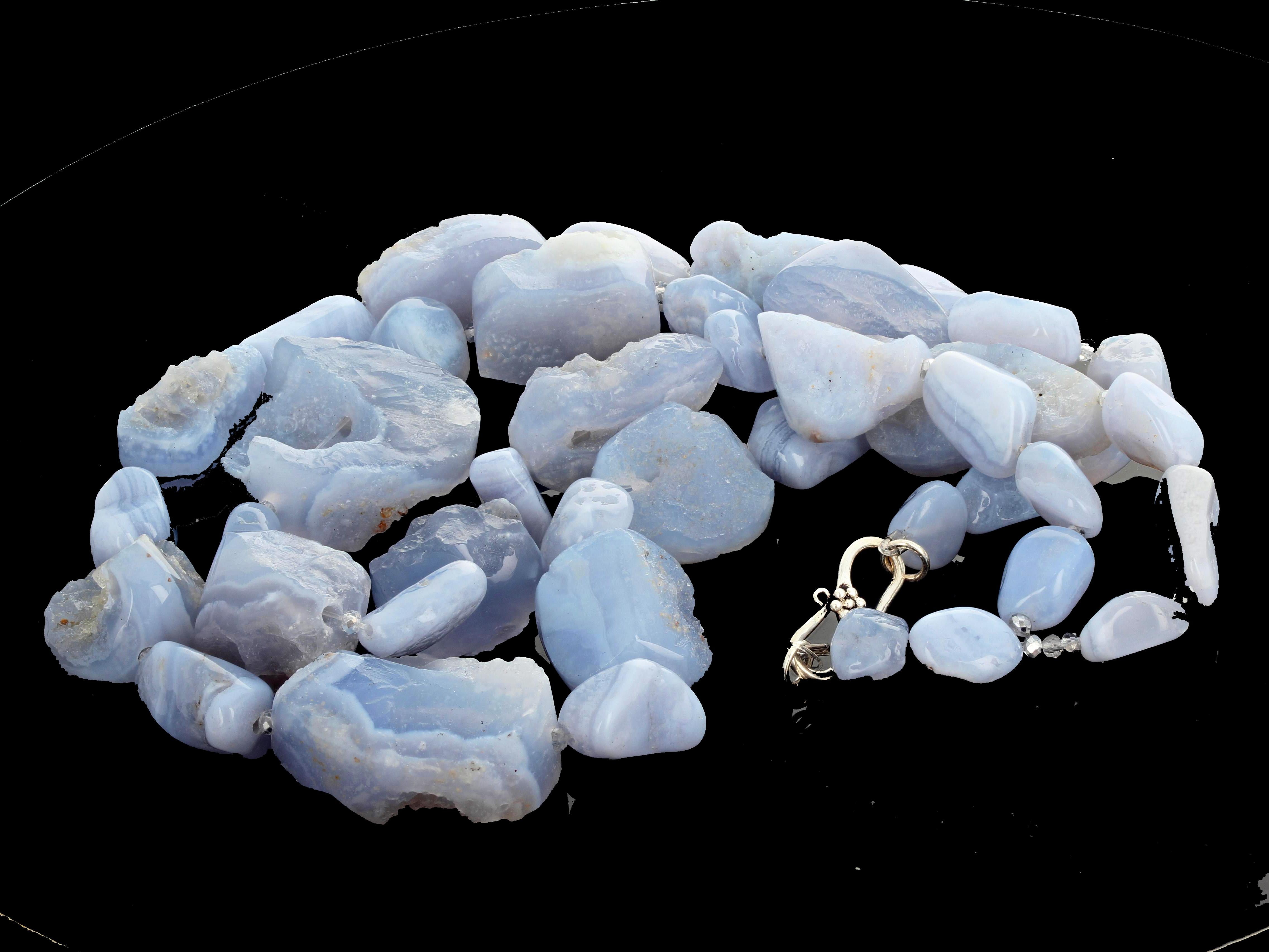 Tumbled Gemjunky Natural Blue Chalcedony Polished Rock & Crystal Double Strand Necklace