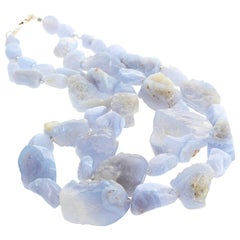 Gemjunky Natural Blue Chalcedony Polished Rock & Crystal Double Strand Necklace