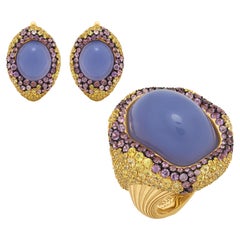 Blue Chalcedony Purple Yellow Sapphire 18 Karat Yellow Gold Suite