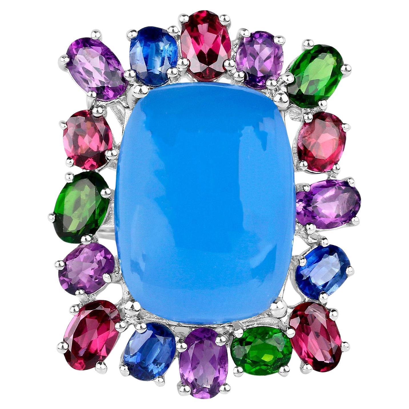 Contemporary Blue Chalcedony Ring Amethyst Rhodolite Chrome Diopside Kyanite 26 Carats For Sale