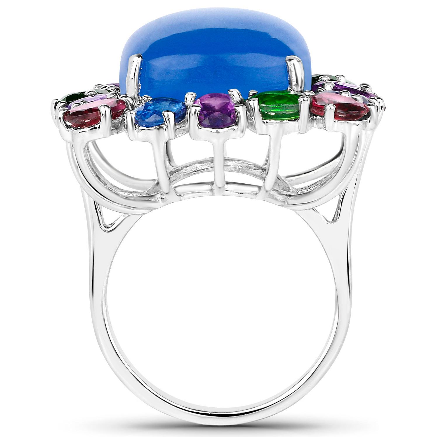 Women's or Men's Blue Chalcedony Ring Amethyst Rhodolite Chrome Diopside Kyanite 26 Carats For Sale