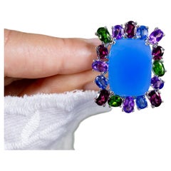 Blue Chalcedony Ring Amethyst Rhodolite Chrome Diopside Kyanite 26 Carats