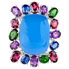 Blue Chalcedony Ring Amethyst Rhodolite Chrome Diopside Kyanite 26 Carats