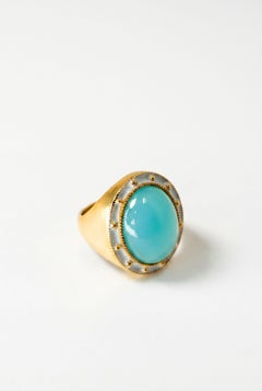 Blue Chalcedony Ring Cabochon White Enamel Cocktail Ring