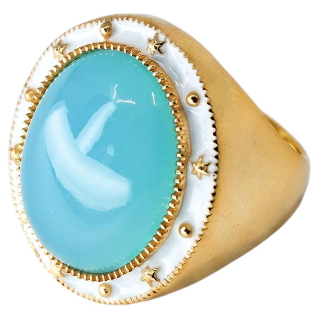 Blue Chalcedony Ring Cabochon White Enamel Cocktail Ring For Sale