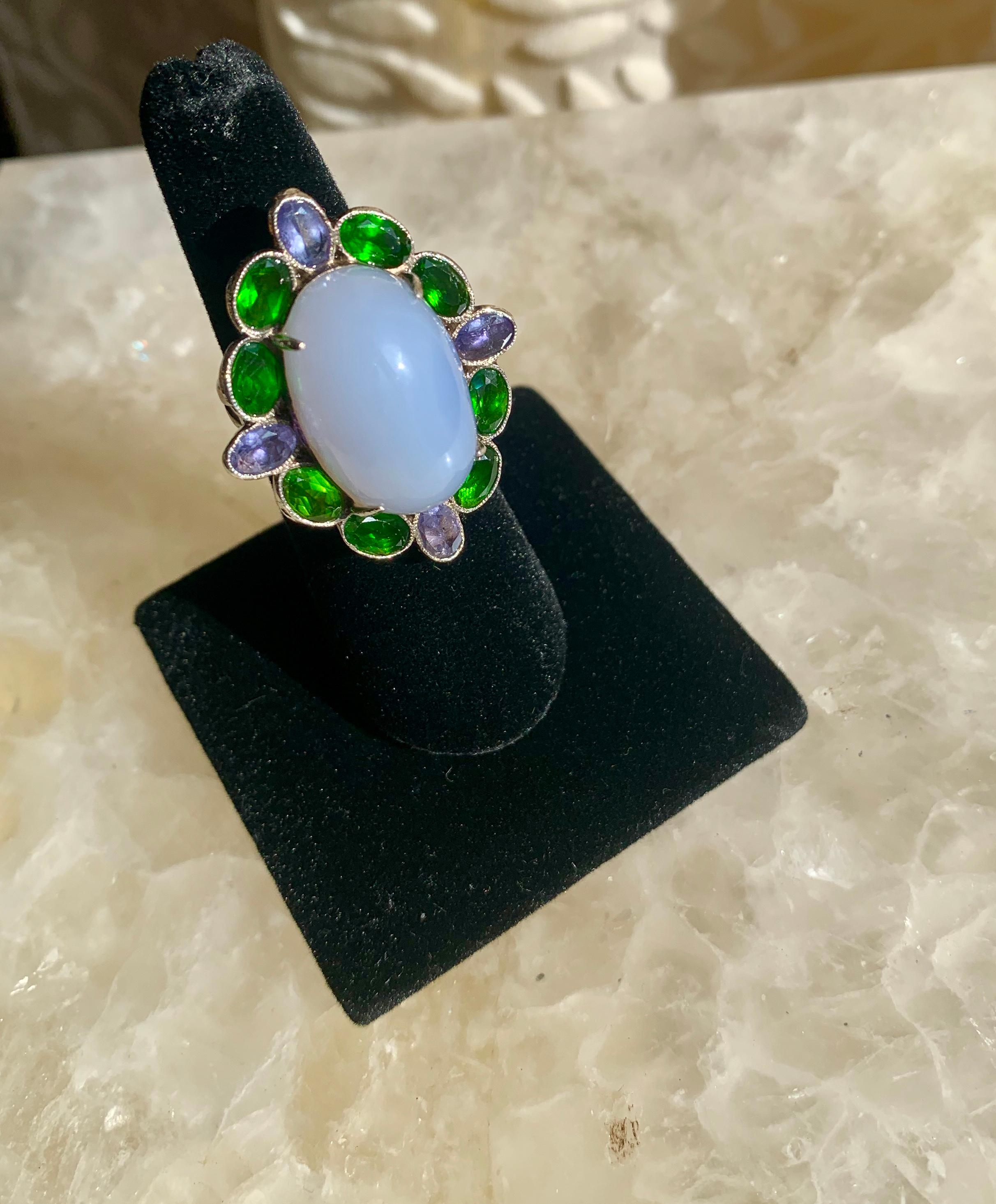 Art Deco Blue Chalcedony Cocktail Ring with Tanzanite For Sale