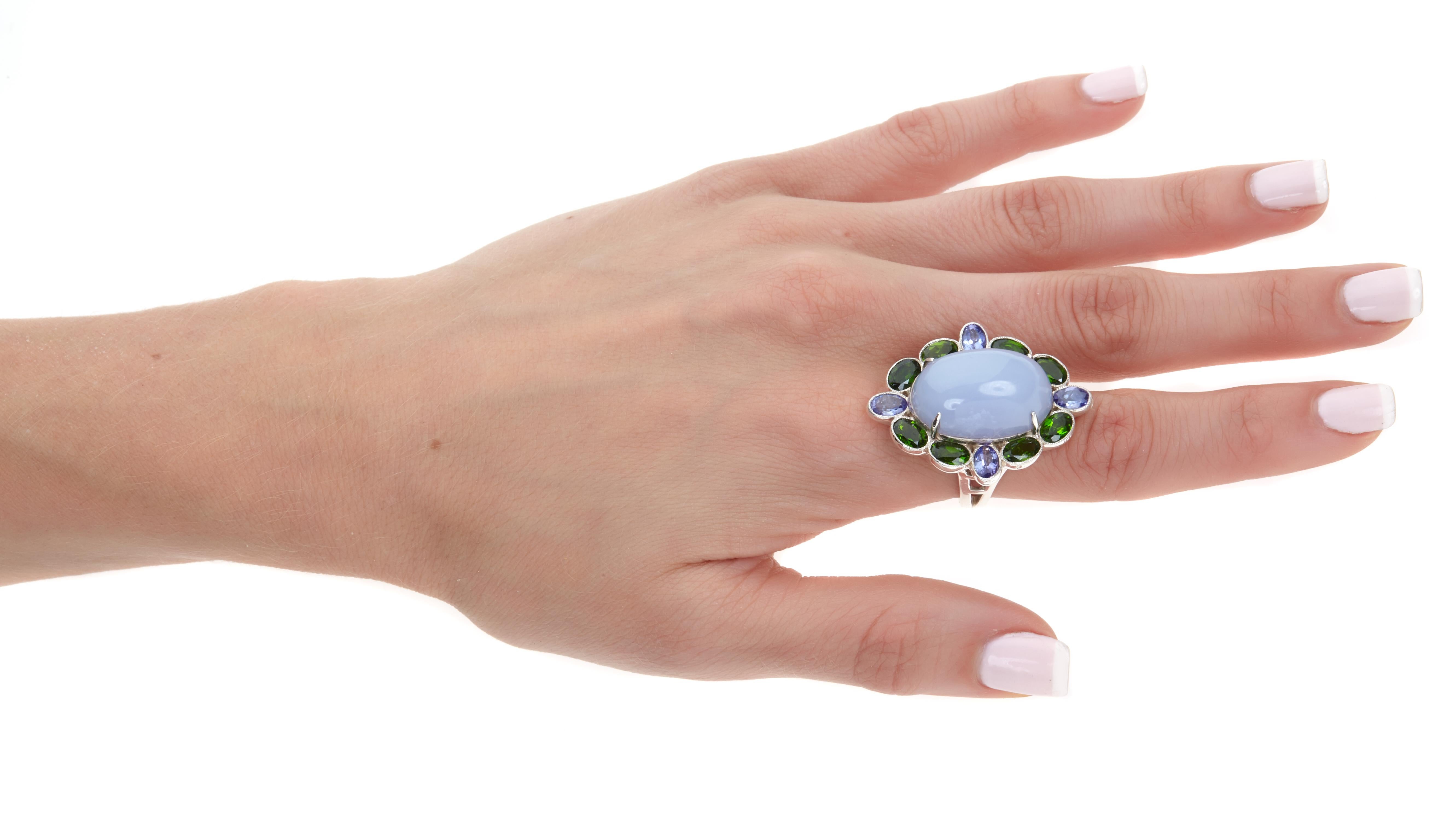 Oval Cut Blue Chalcedony Cocktail Ring with Tanzanite For Sale
