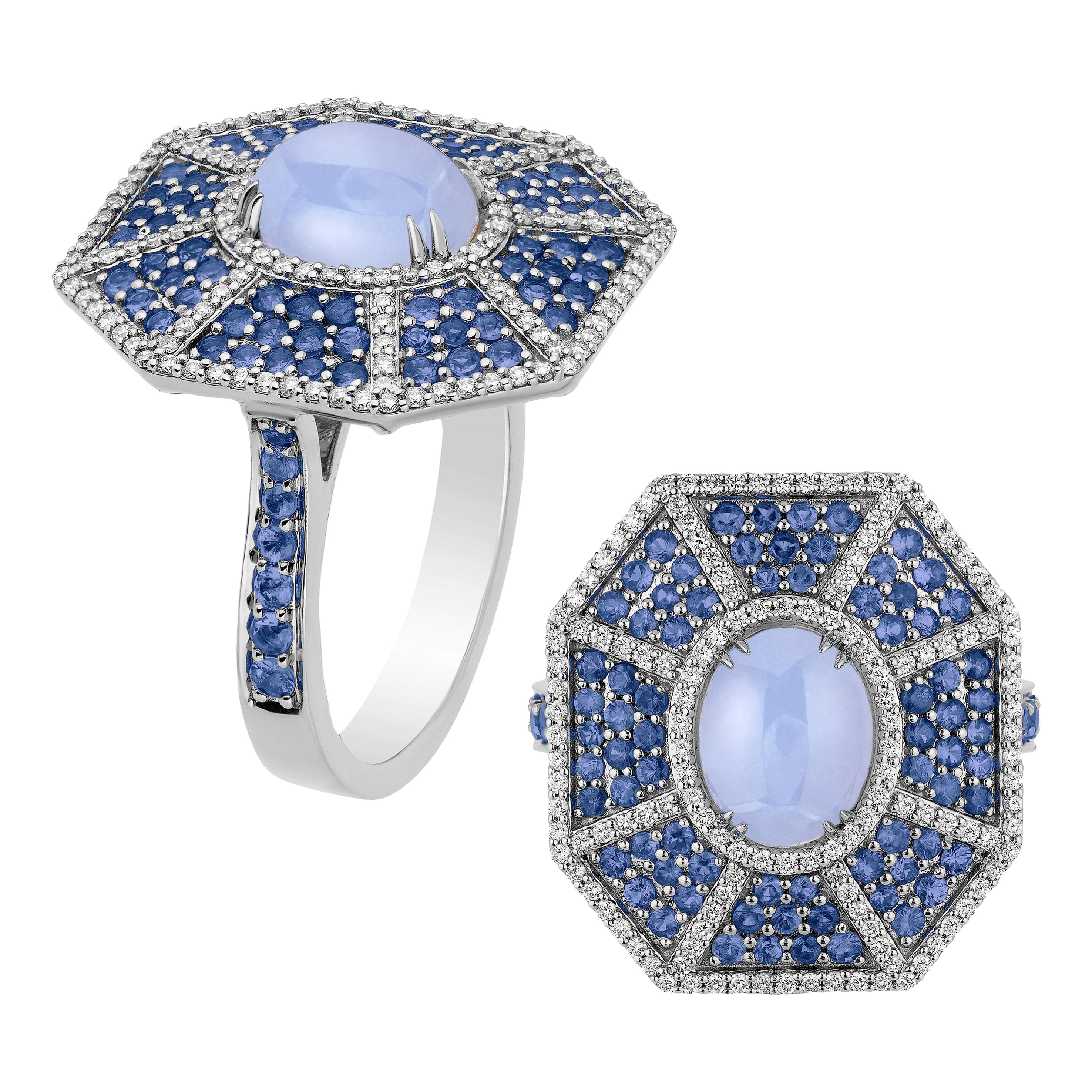 Bague Goshwara octogonale en calcédoine bleue avec saphirs et diamants