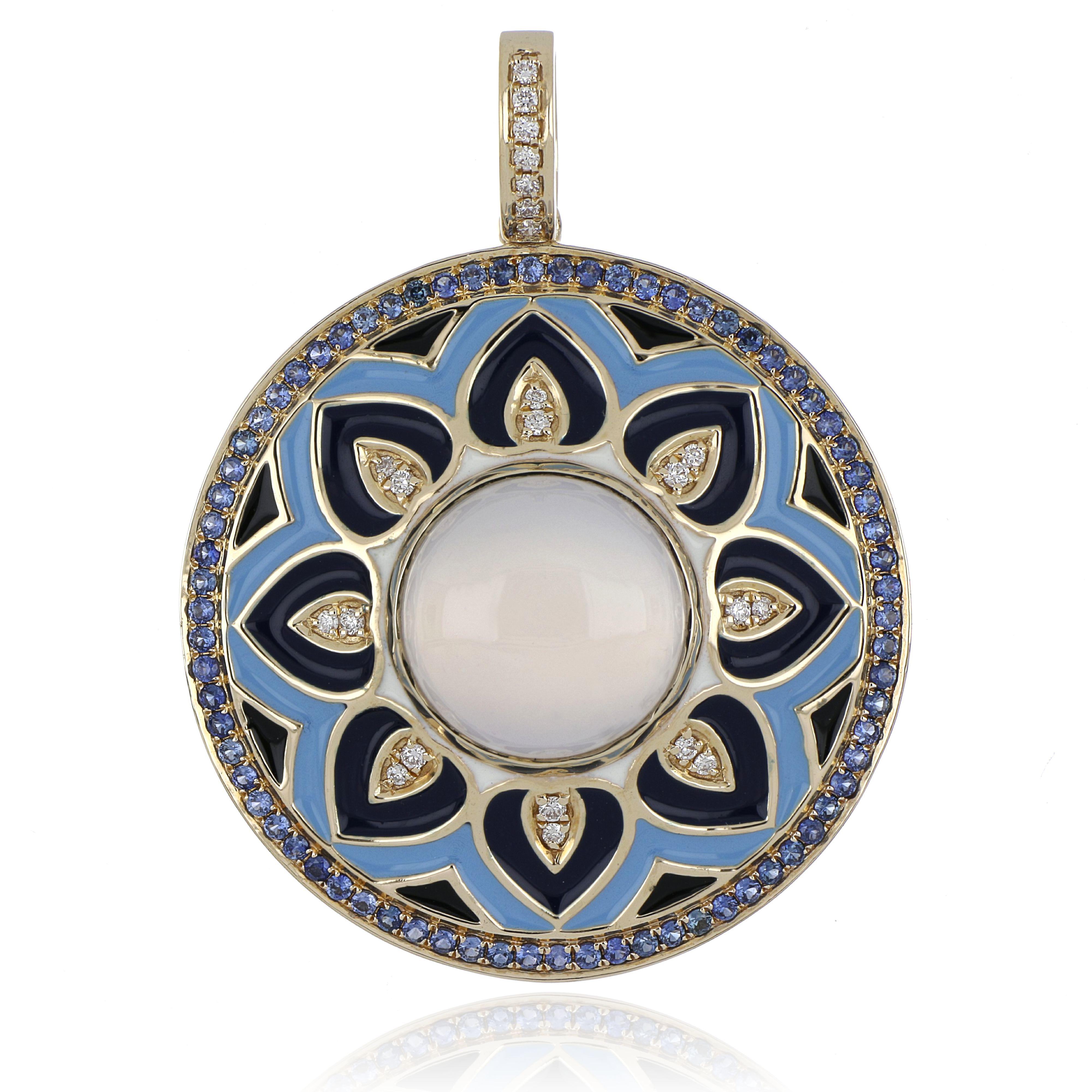 Pendentif en or 14 carats avec calcédoine bleue, saphirs et émail clouté et diamants en vente 3