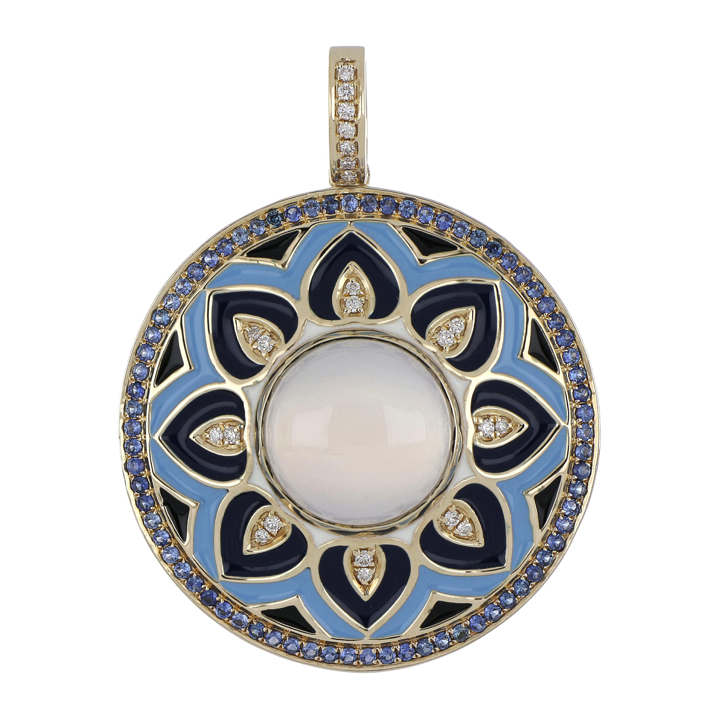 Blue Chalcedony, Sapphire Studded Enamel Pendant with Diamonds in 14 Karat Gold For Sale