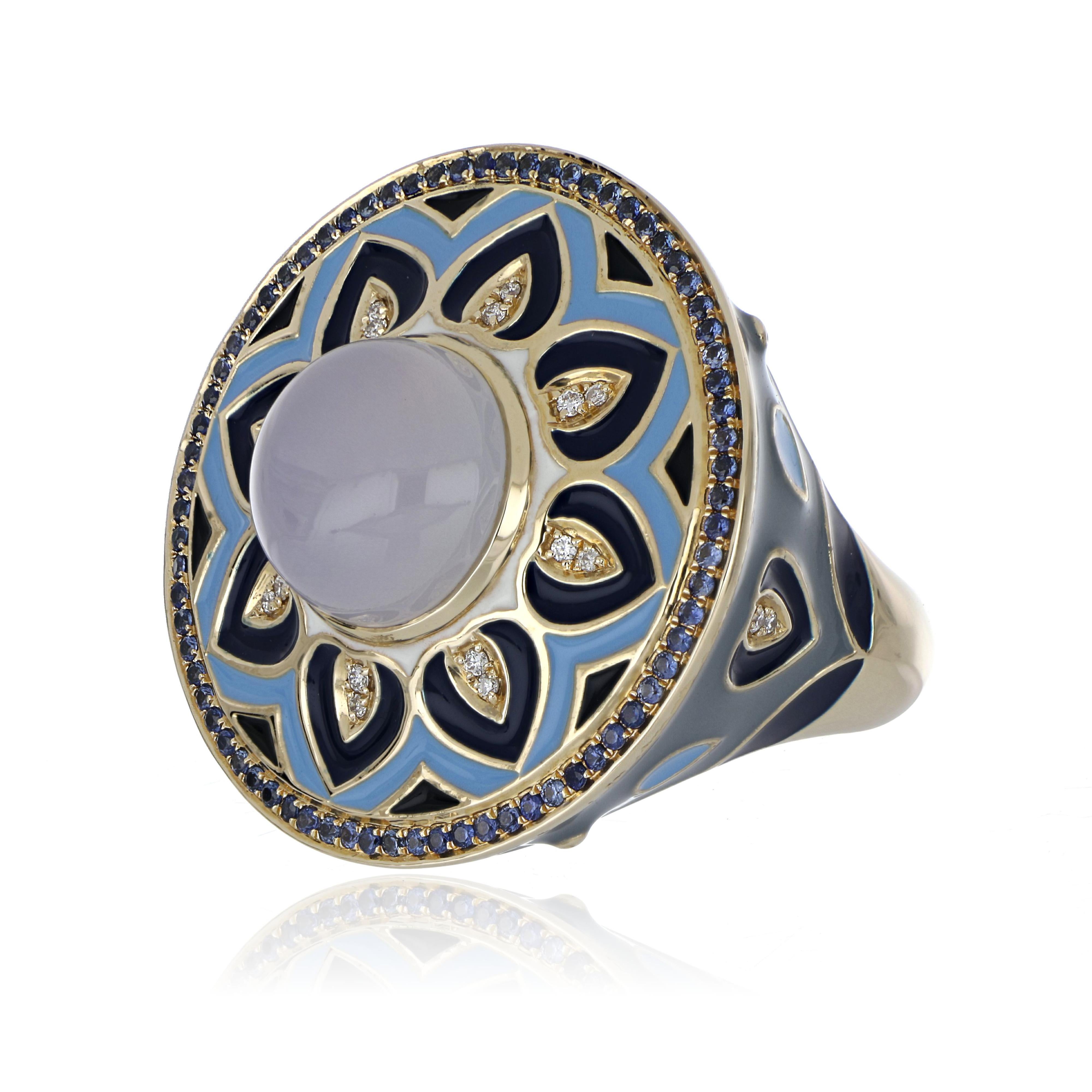 Elegant and exquisite Enamel Cocktail 14 K Ring, center set with 4.10 Cts. Cabochon Cut Blue Chalcedony Round . Surrounded with Blue Sapphire Rounds 0.43 Cts. accented with Diamonds, weighing approx. 0.08 cts. Beautifully Hand crafted in 14 Karat
