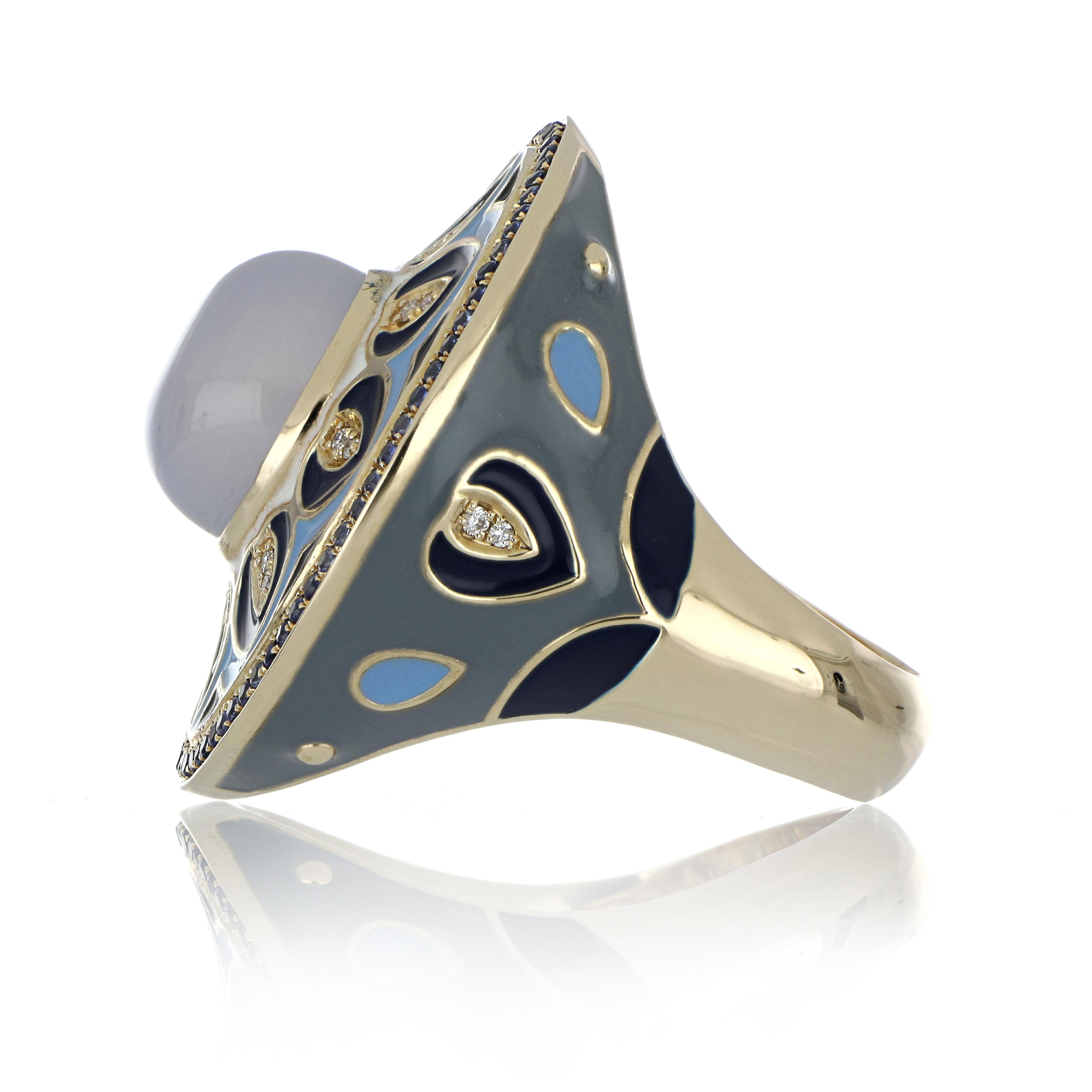 Contemporary Blue Chalcedony, Sapphire Studded Enamel Ring with Diamonds in 14 Karat Gold For Sale