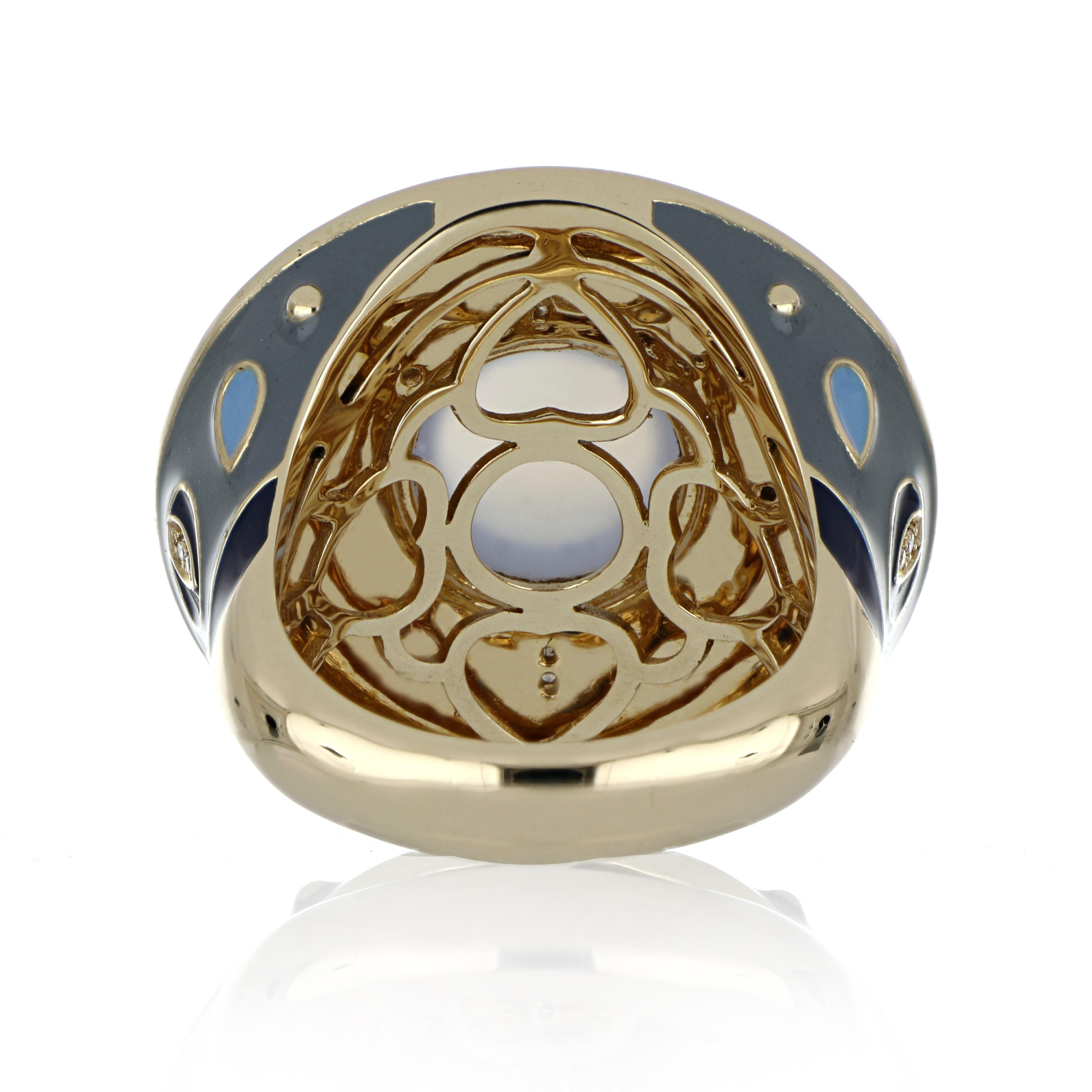 Cabochon Blue Chalcedony, Sapphire Studded Enamel Ring with Diamonds in 14 Karat Gold For Sale