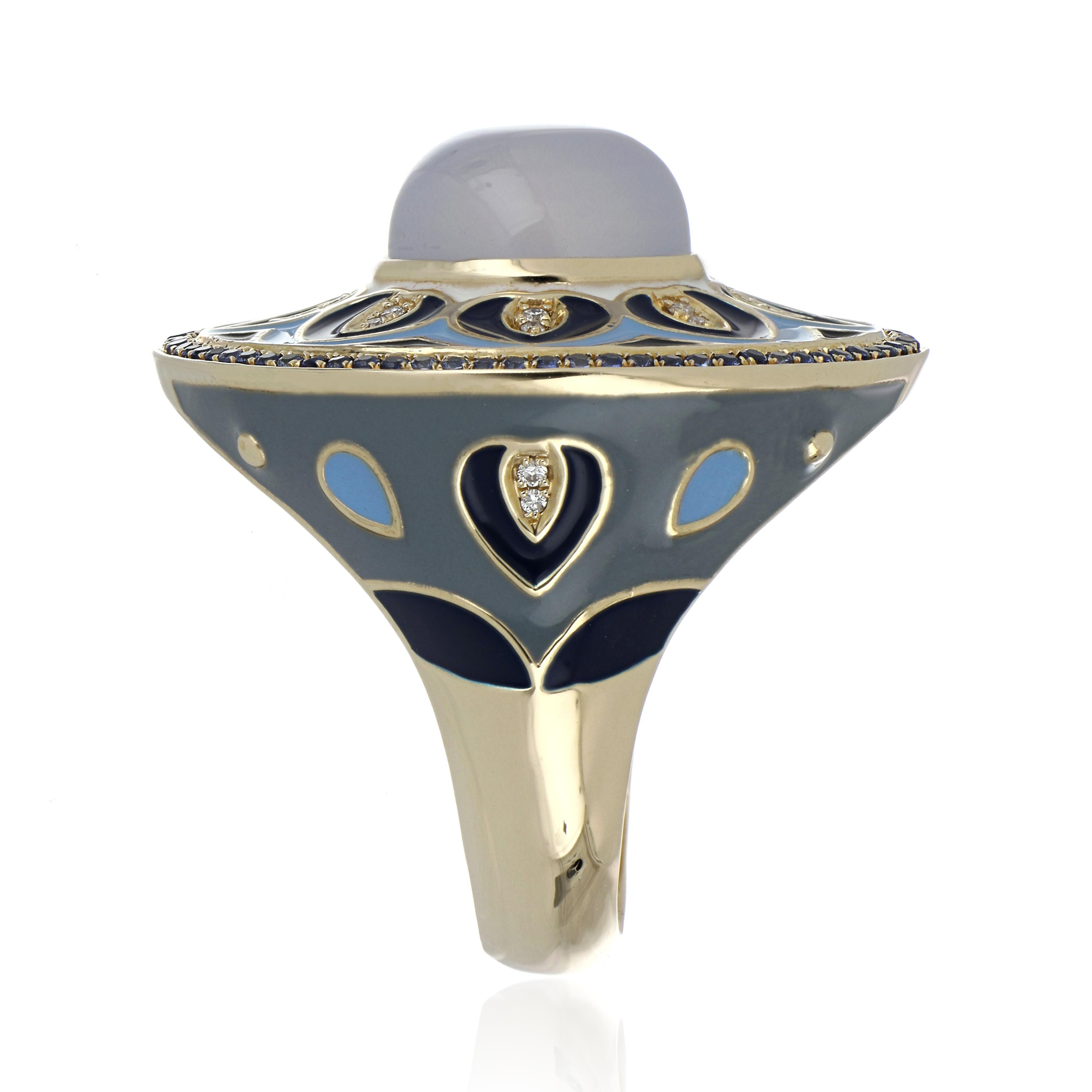 Blue Chalcedony, Sapphire Studded Enamel Ring with Diamonds in 14 Karat Gold In New Condition For Sale In JAIPUR, IN