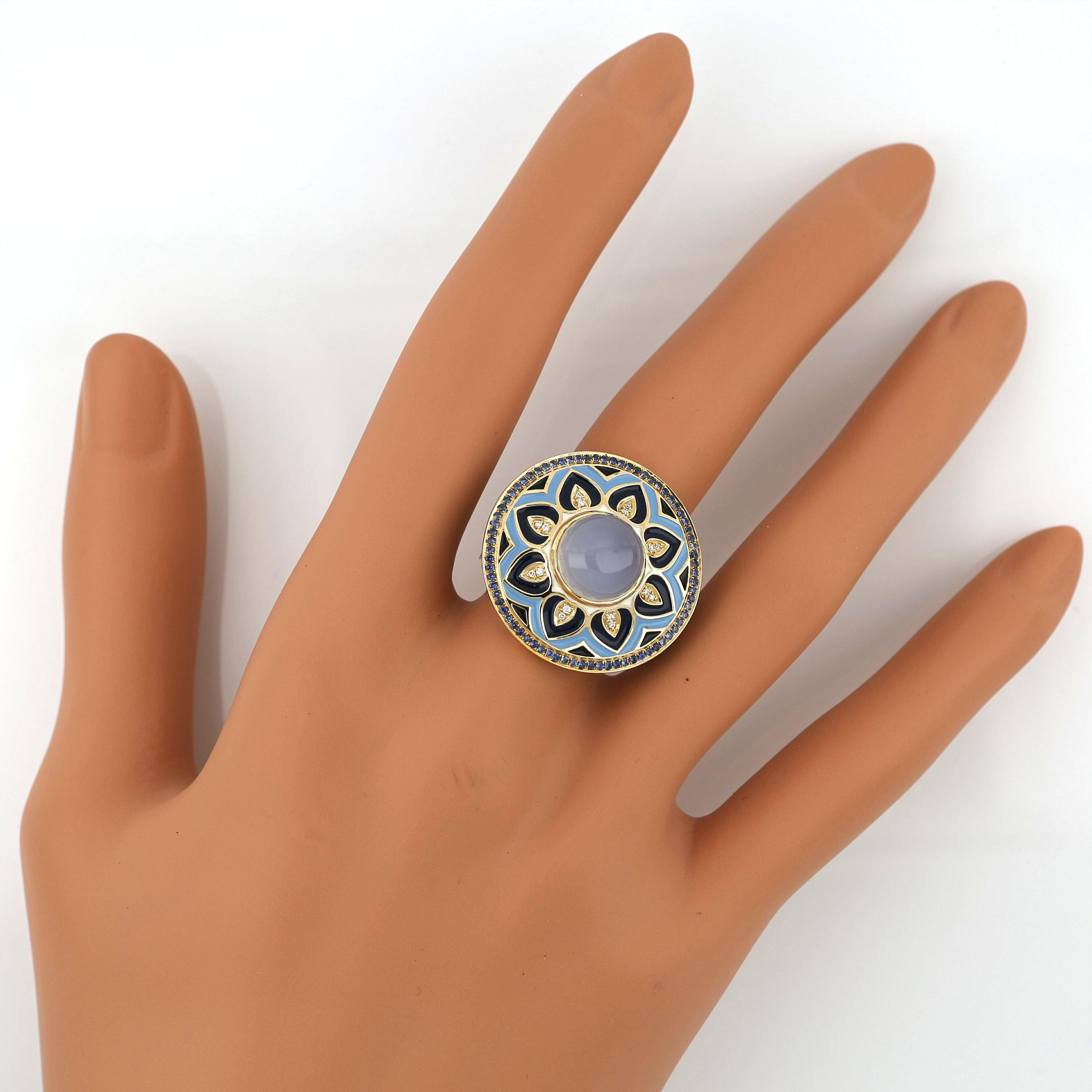 Blauer Chalcedon, Saphir besetzter Emaille-Ring mit Diamanten in 14 Karat Gold Damen im Angebot