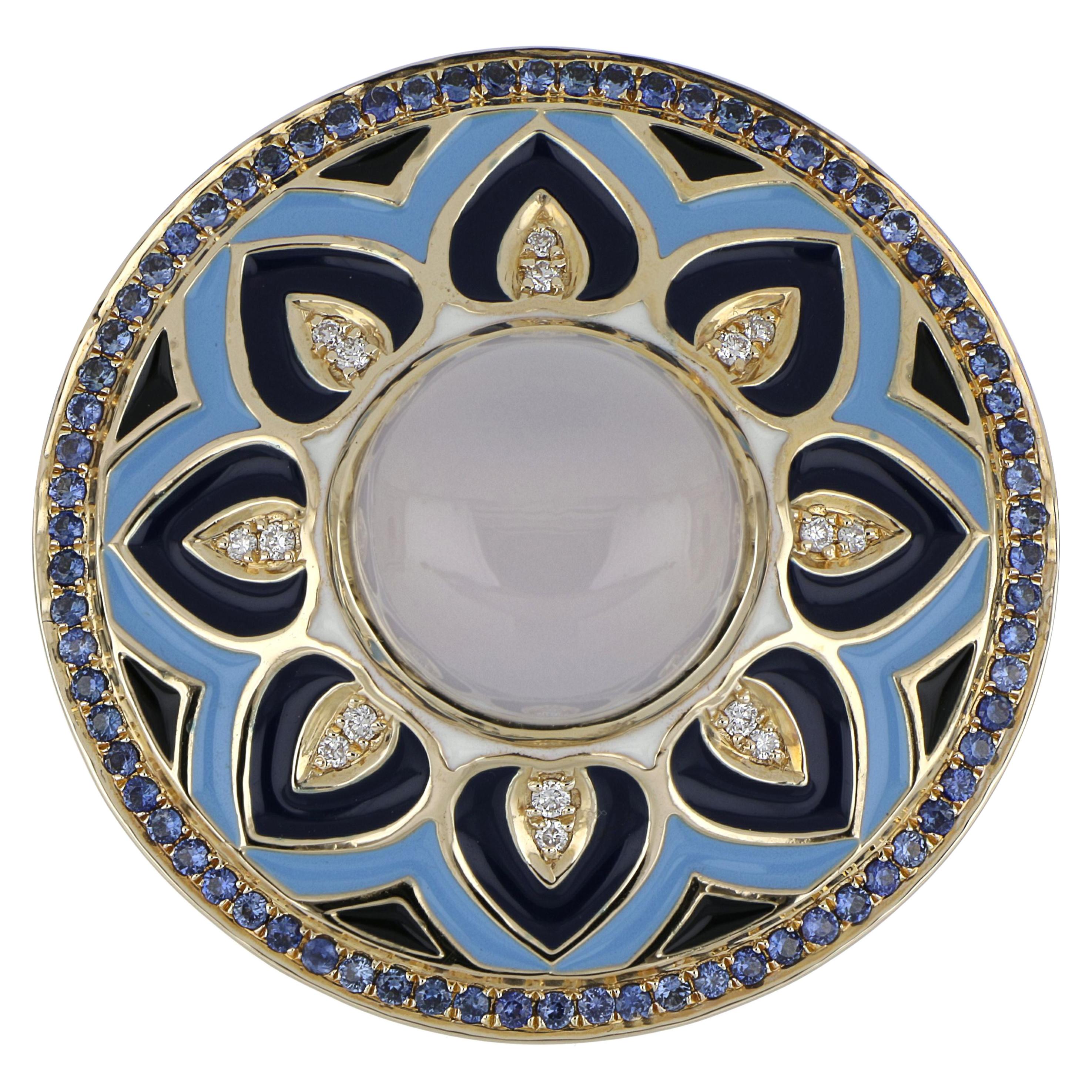 Blue Chalcedony, Sapphire Studded Enamel Ring with Diamonds in 14 Karat Gold