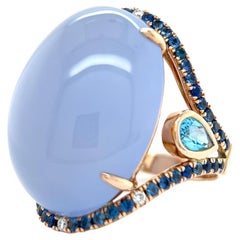 Blue Chalcedony Sapphire Topaz Diamond 18k Rose Gold Cocktail Ring