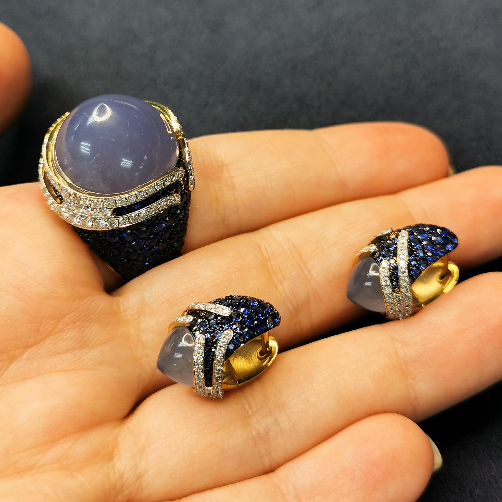 Blue Chalcedony Sapphires Diamonds 18 Karat Gold Fuji Suite
Series of these Rings and Earrings isn't called Fuji for nothing, since the inspiration for the creation of these products came to us exactly from the contemplation of this majestic