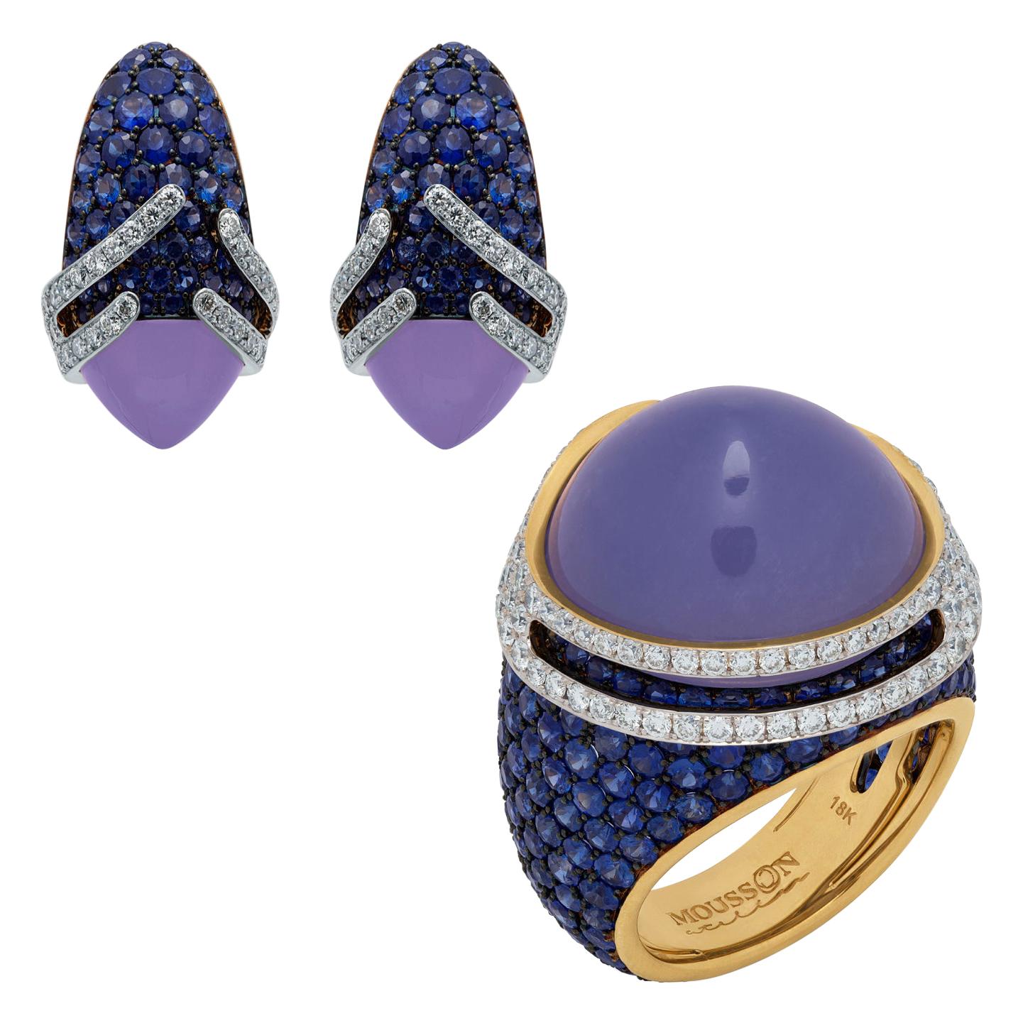Blue Chalcedony Sapphires Diamonds 18 Karat Gold Fuji Suite