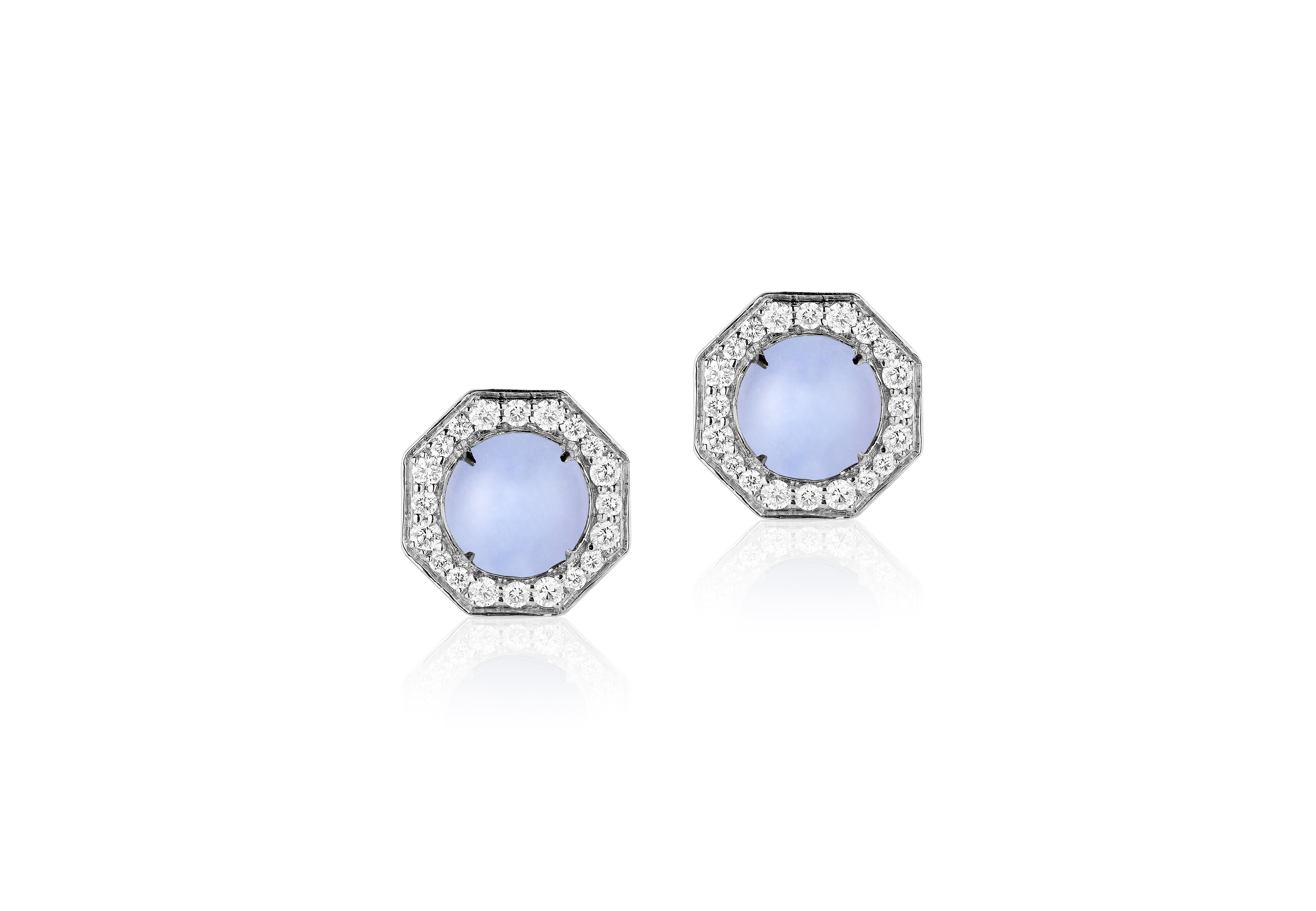 Blue Chalcedony Small Pendant With Diamonds in 18k White Gold and Black Rhodium, from 'Rock N Roll' Collection

Stone Size: 8 mm

Gemstone Weight: Chalcedony- 1.25 Carats

Diamond: G-H / VS. Approx Wt: 0.36 Carats

Blue Chalcedony Stud Earrings with