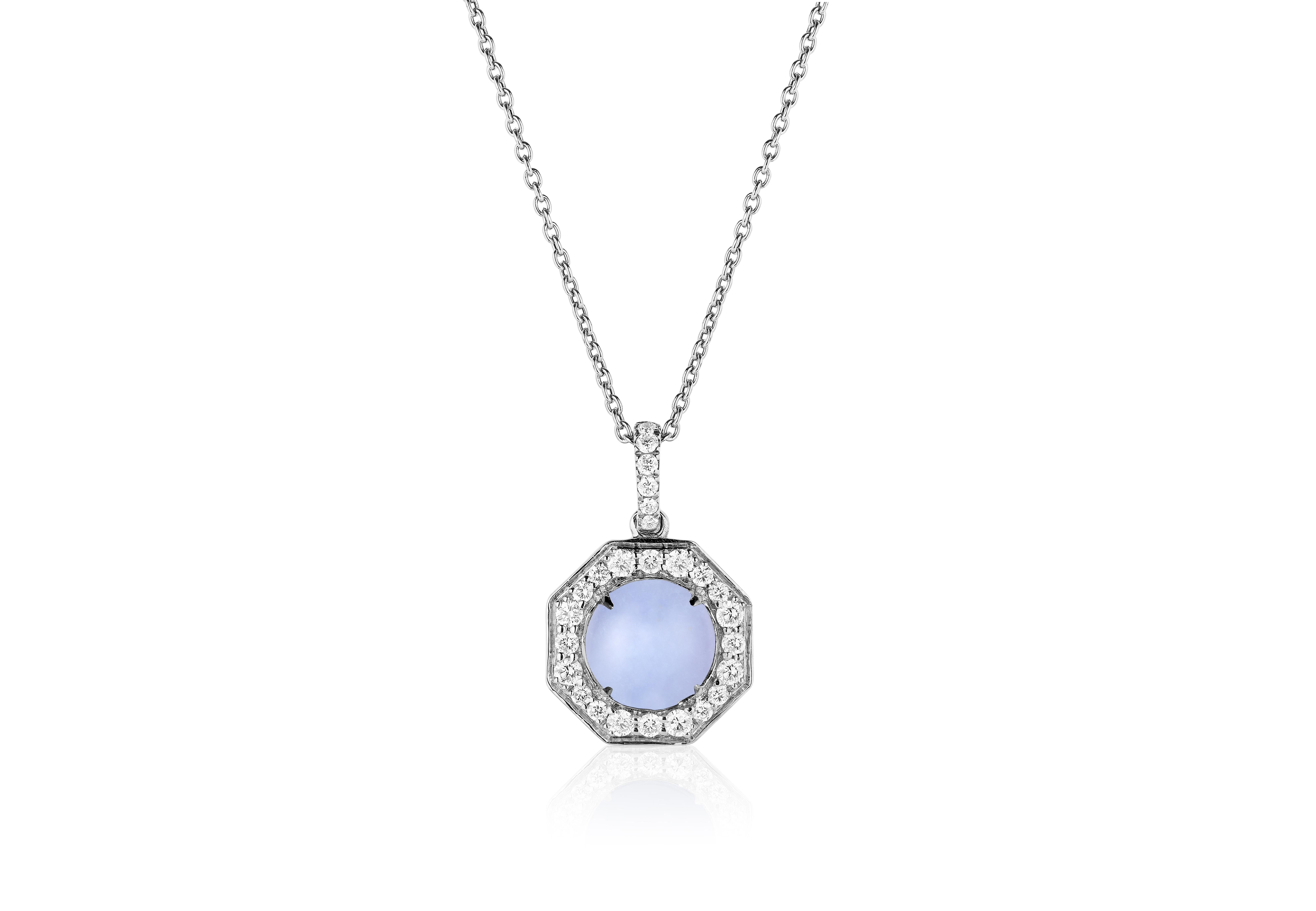 Blue Chalcedony Small Pendant With Diamond in 18k White Gold and Black Rhodium, from 'Rock N Roll' Collection

Stone Size-8 mm

Gemstone Weight:  1.25 Carats

Diamond: G-H / VS. Approx Wt: 0.36 Carats