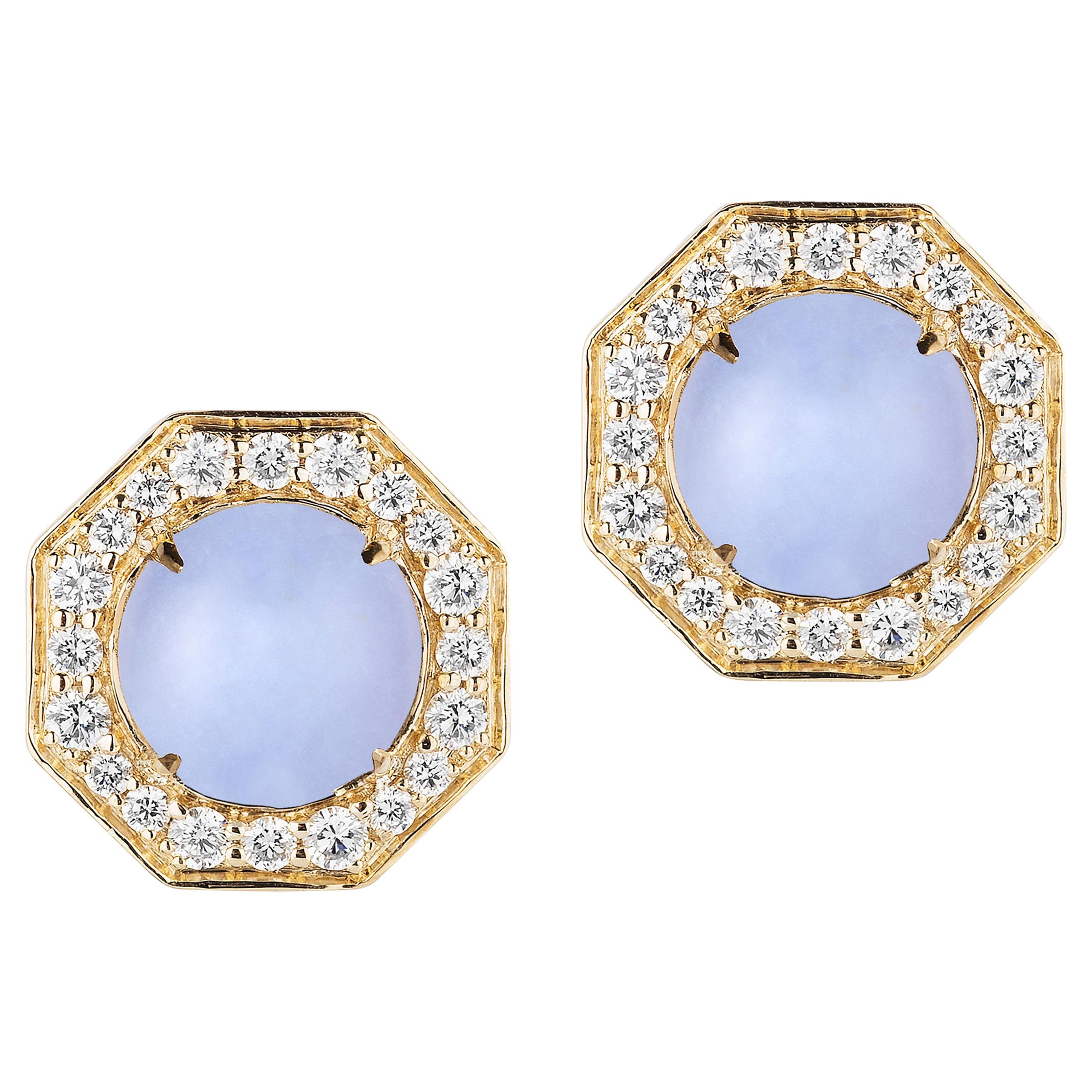 Clous d'oreilles Goshwara en calcédoine bleue et diamants