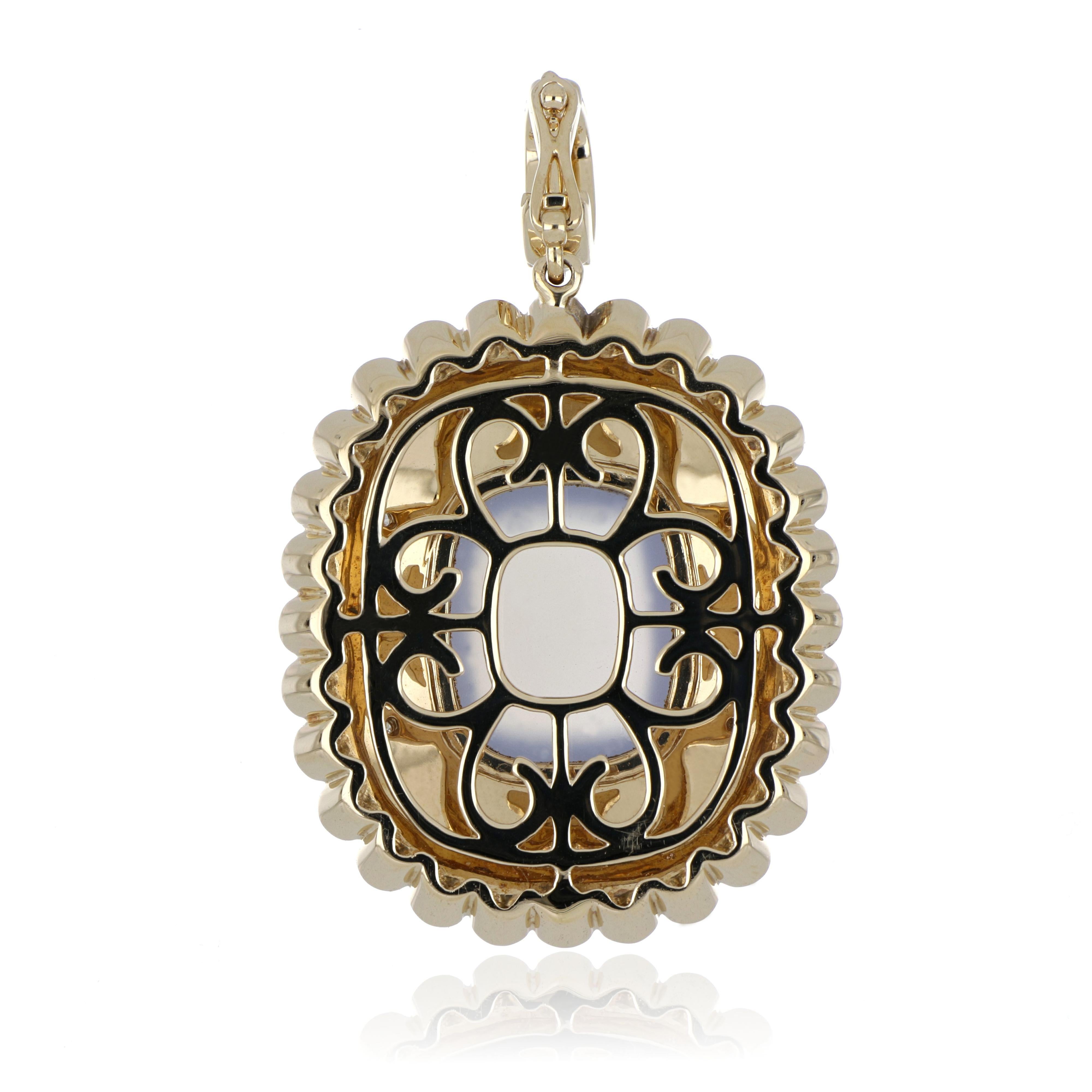 Contemporary Blue Chalcedony Studded Enamel Pendant with Diamonds in 14 Karat Yellow Gold For Sale