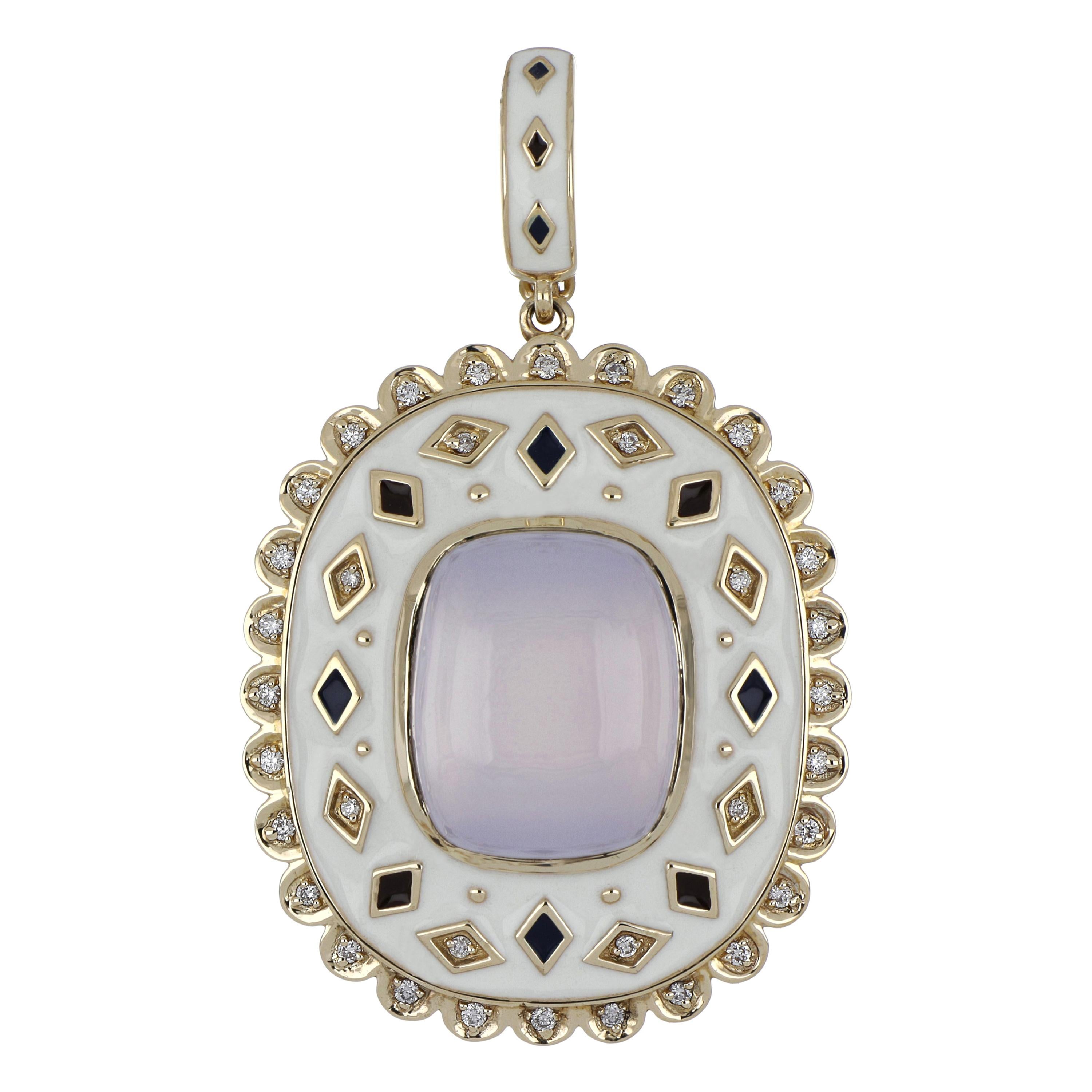 Blue Chalcedony Studded Enamel Pendant with Diamonds in 14 Karat Yellow Gold For Sale