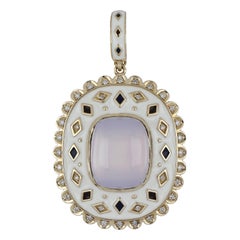 Blue Chalcedony Studded Enamel Pendant with Diamonds in 14 Karat Yellow Gold