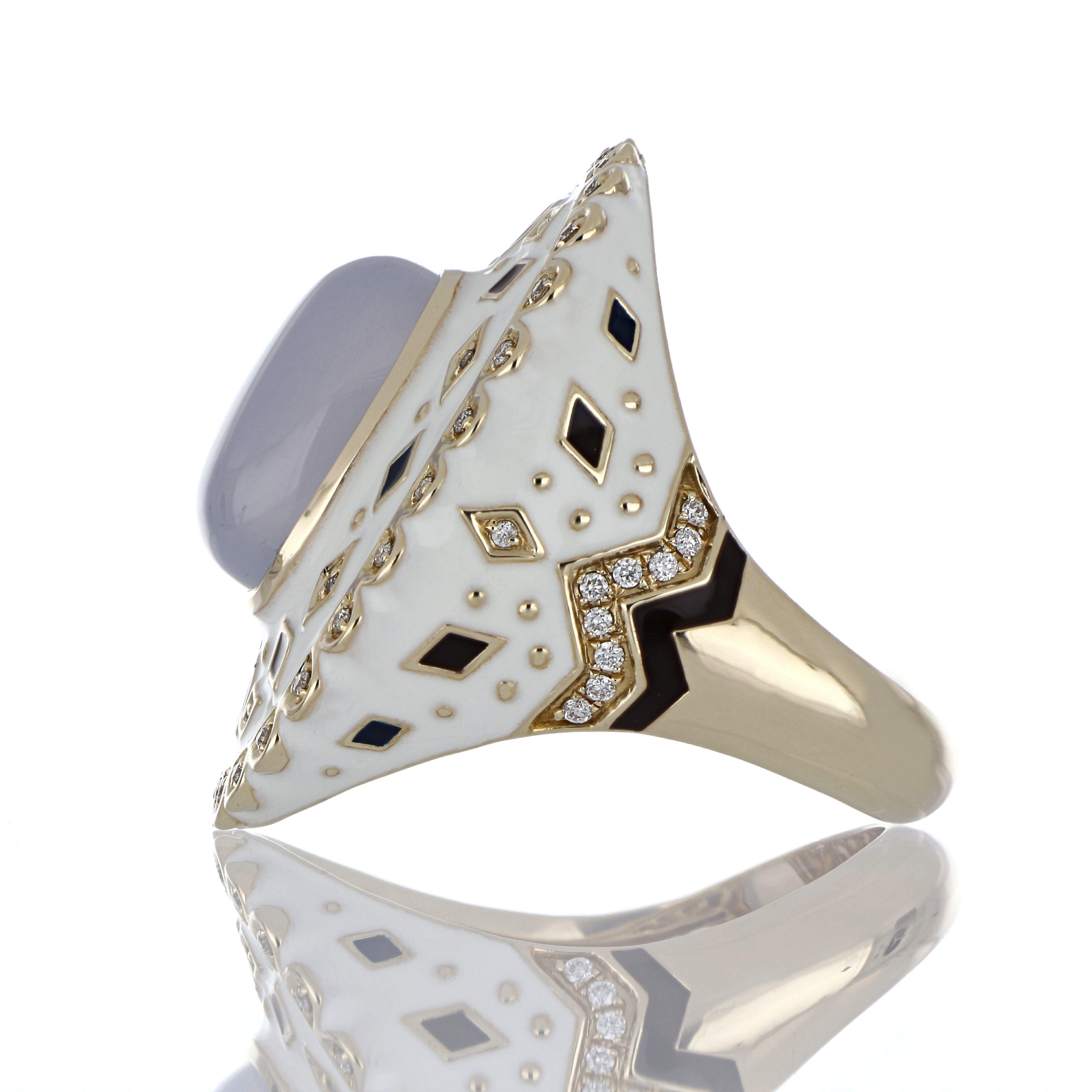 Contemporary Blue Chalcedony Studded Enamel Ring with Diamonds Accents 14 Karat Yellow Gold For Sale