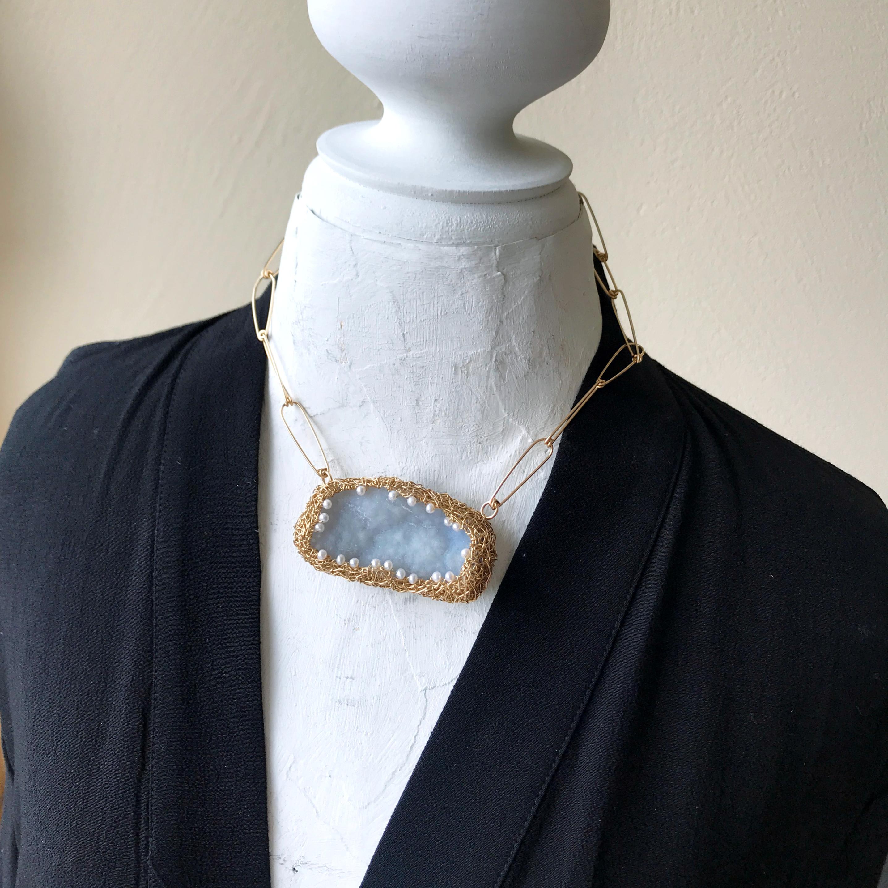 Uncut Blue Chalcedony White Pearls Versatile on 2 Sides Wearable 14 kt Gold F Necklace For Sale