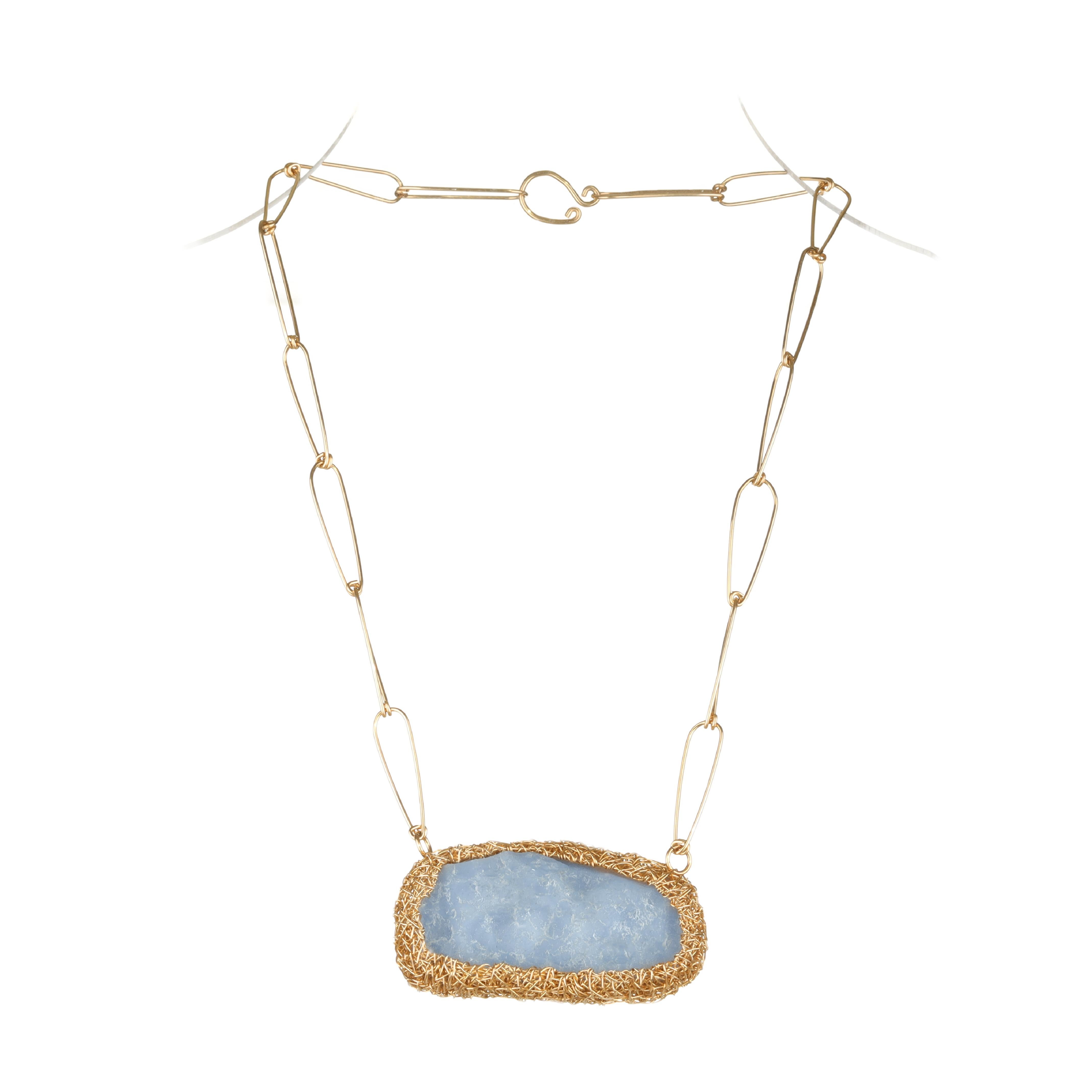 Blue Chalcedony White Pearls Versatile on 2 Sides Wearable 14 kt Gold F Necklace In New Condition For Sale In Engelberg, CH