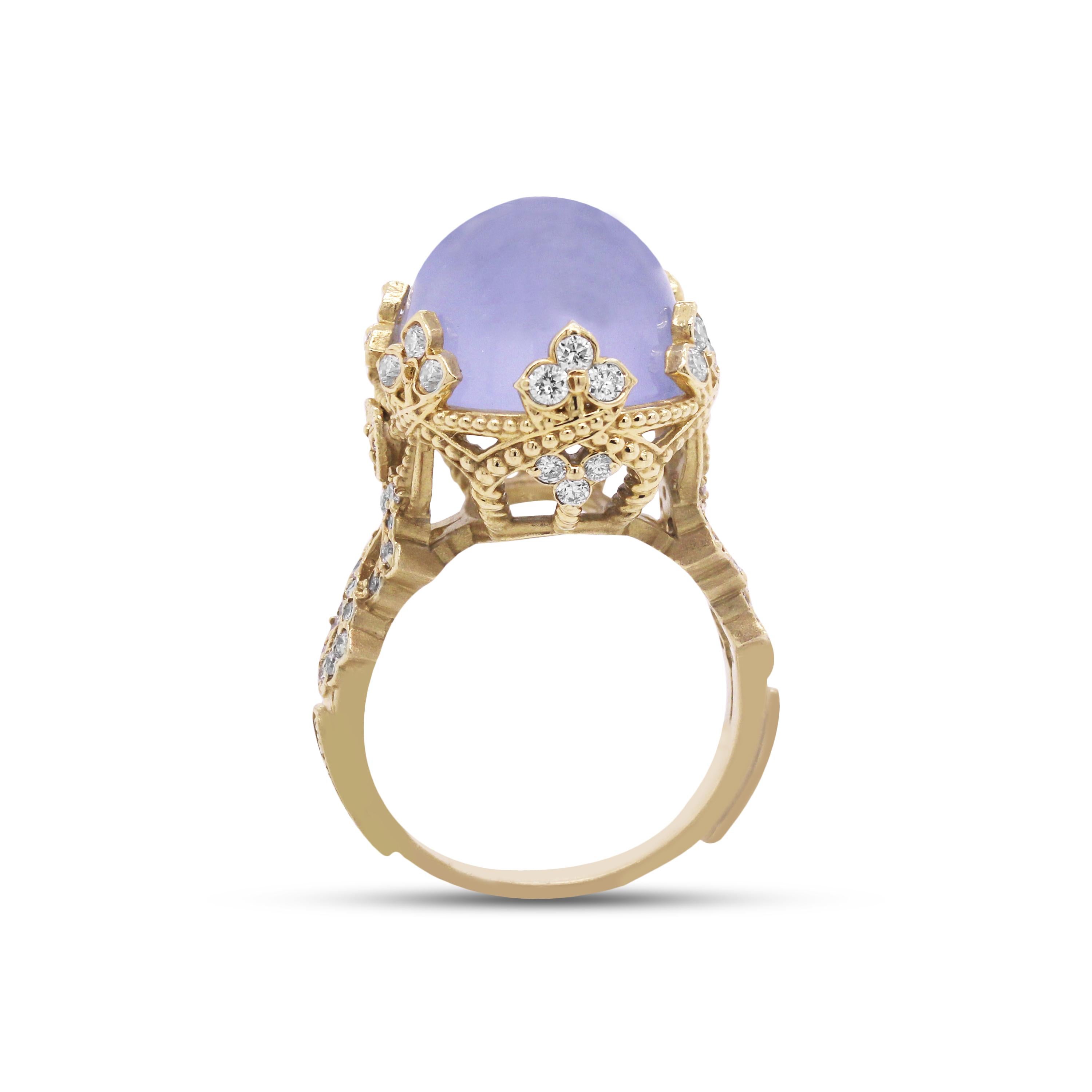 18K Yellow Gold and Diamond Cocktail Ring with Blue Chalcedony center by Stambolian

A unique and everyday ring with all things curve and symmetry. The center Chalcedony is so vibrant in color and goes beautifully with the yellow gold. (This ring is