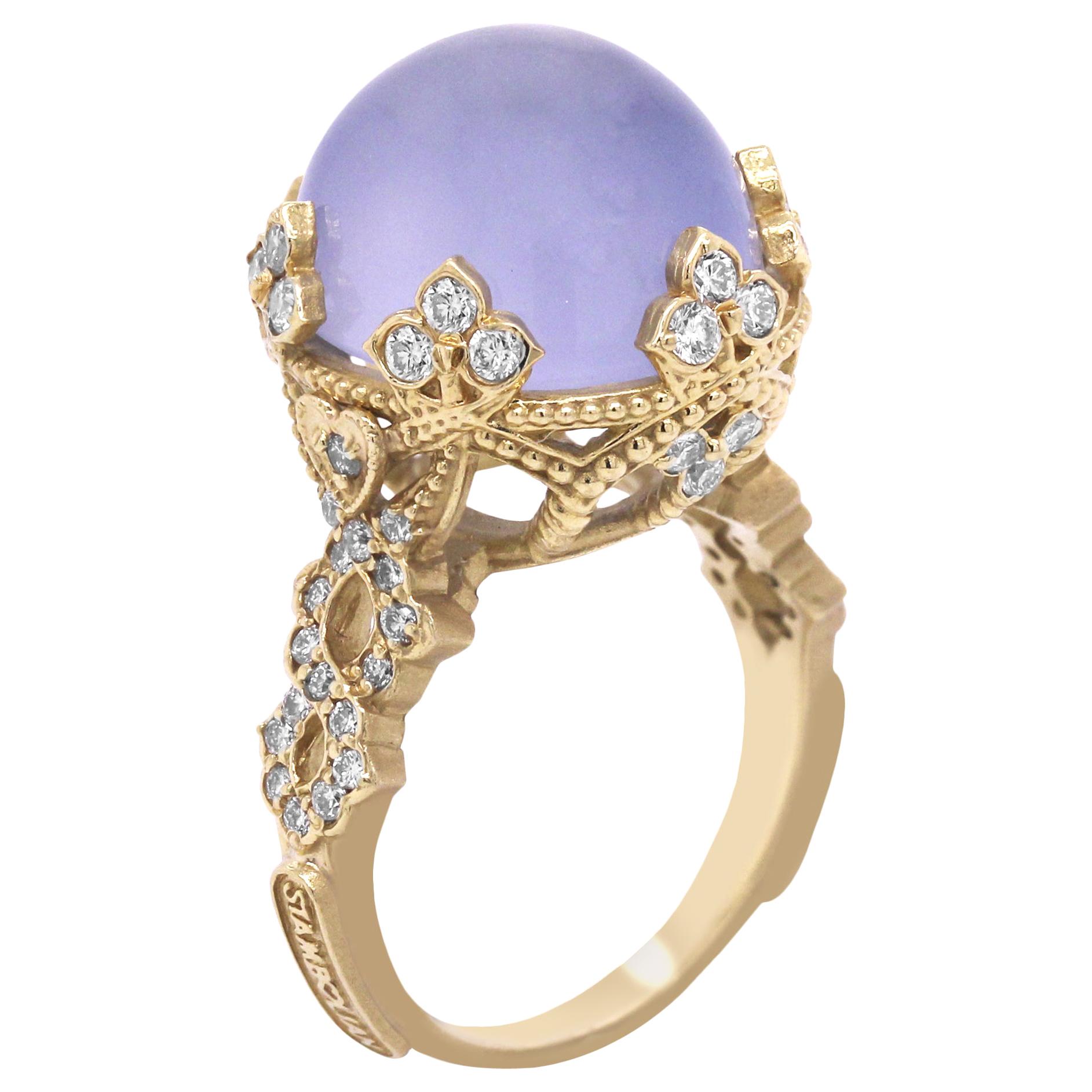 Blue Chalcedony Yellow Gold and Diamond Cocktail Ring Stambolian