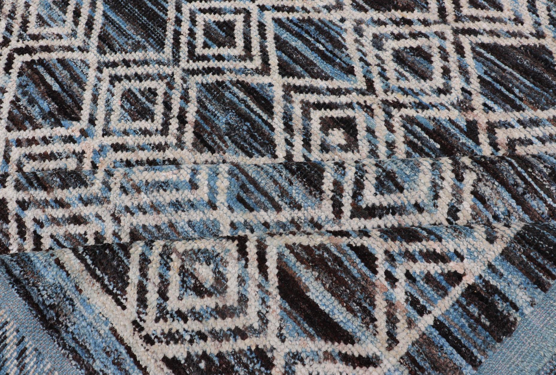 Blue, Charcoal, Gray and Brown Afghan Modern Geometric Design Rug For Sale 7