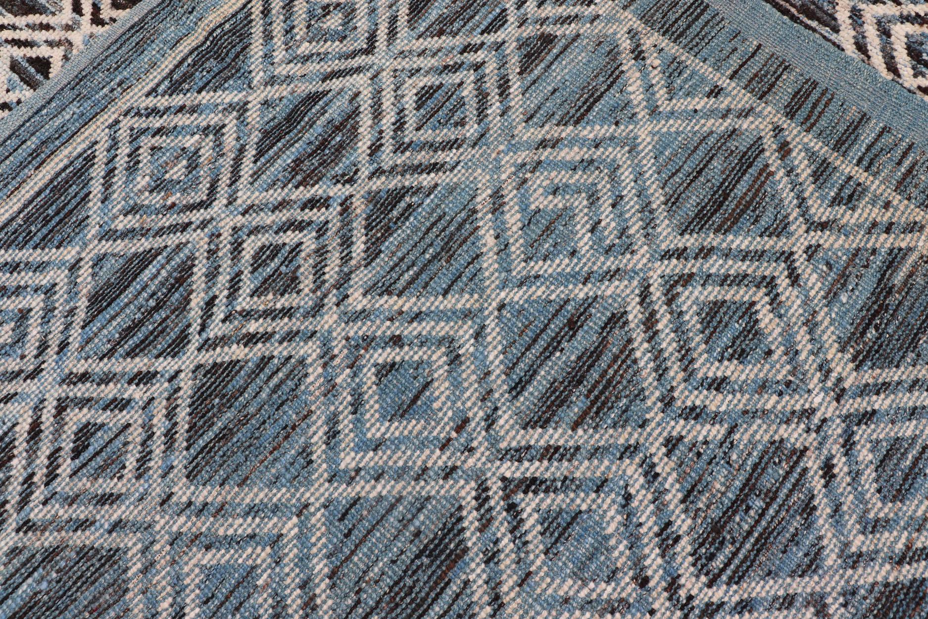 Blue, Charcoal, Gray and Brown Afghan Modern Geometric Design Rug For Sale 8