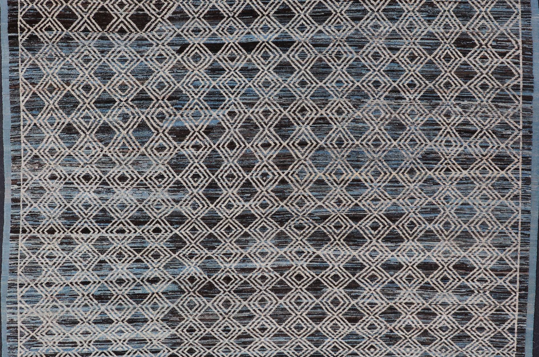Hand-Knotted Blue, Charcoal, Gray and Brown Afghan Modern Geometric Design Rug For Sale