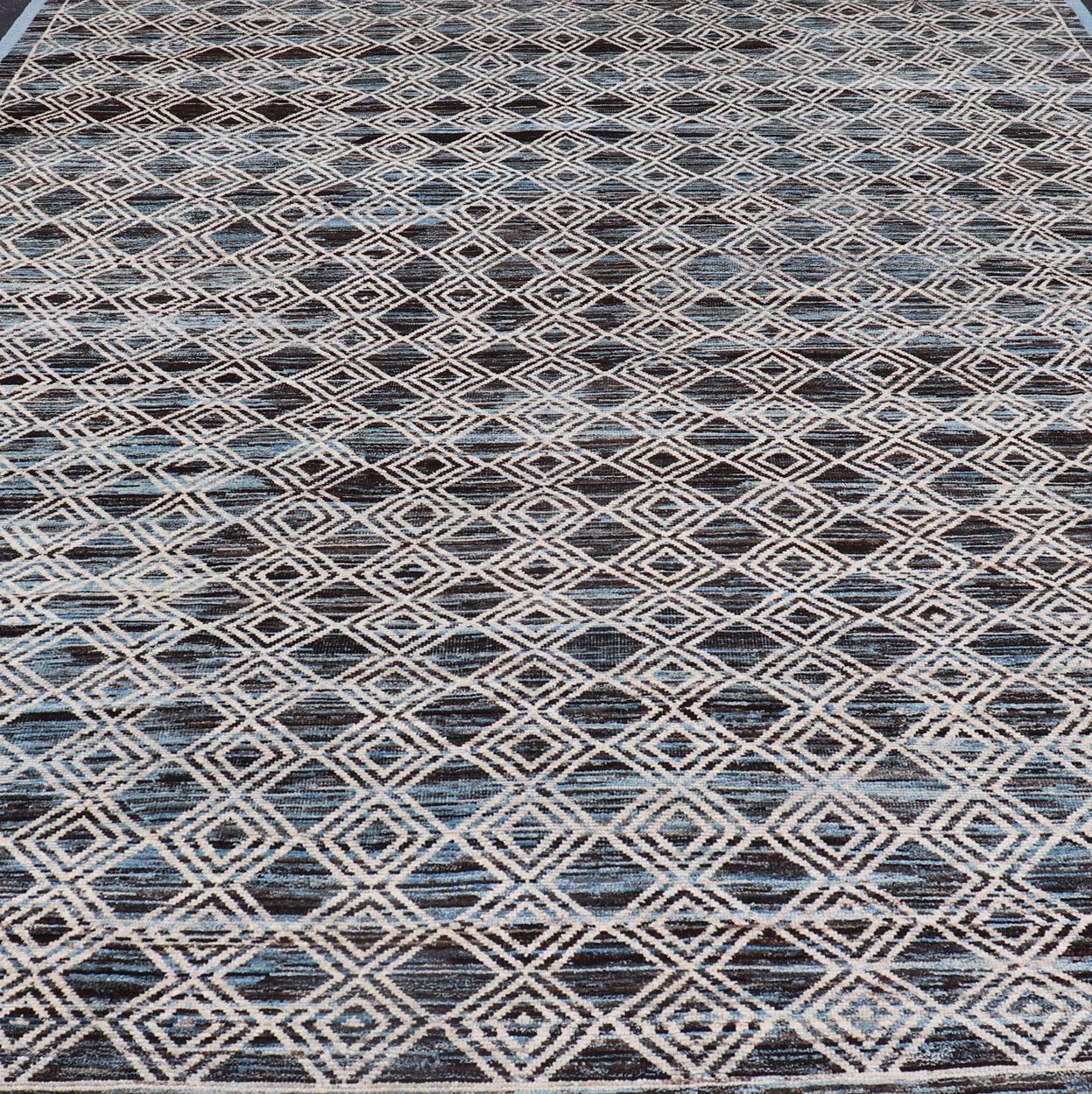 Wool Blue, Charcoal, Gray and Brown Afghan Modern Geometric Design Rug For Sale