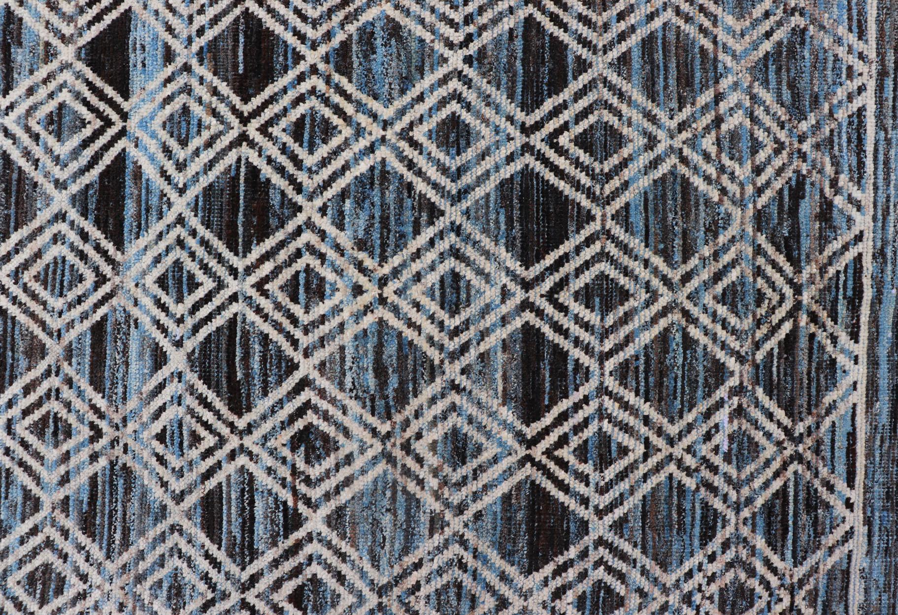 Blue, Charcoal, Gray and Brown Afghan Modern Geometric Design Rug For Sale 3