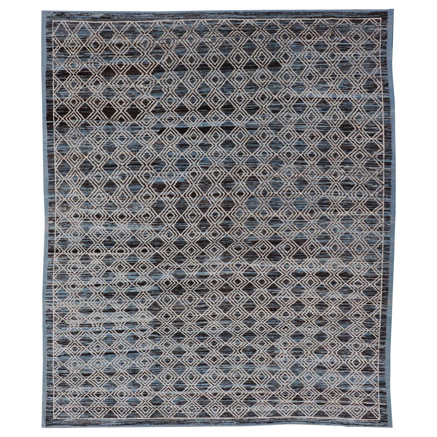 Tapis afghan moderne à motifs géométriques bleu, anthracite, gris et brun
