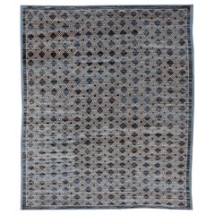 Tapis afghan moderne à motifs géométriques bleu, anthracite, gris et brun