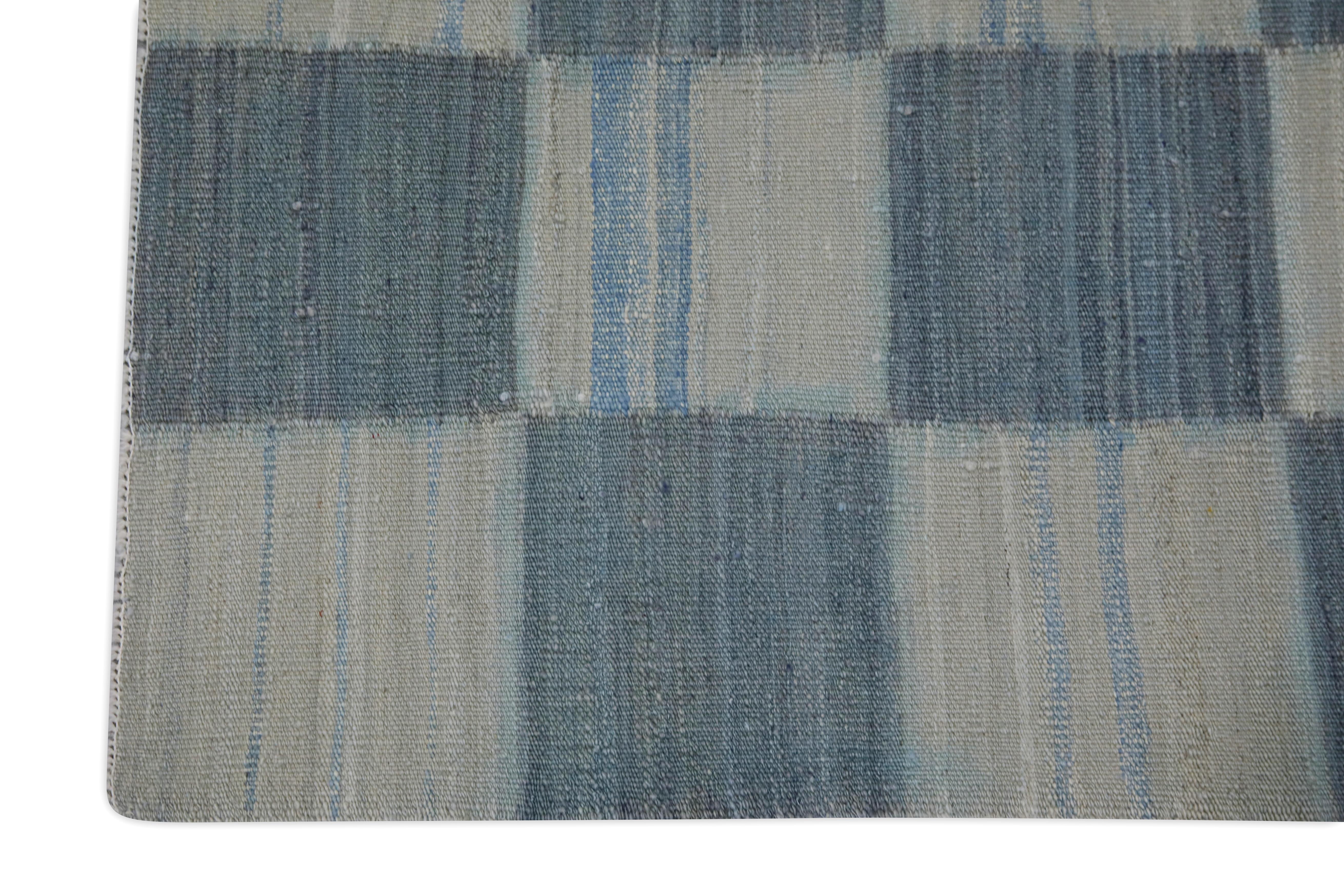 Kilim Blue Checkered Modern Flatweave Handmade Wool Rug 2'9